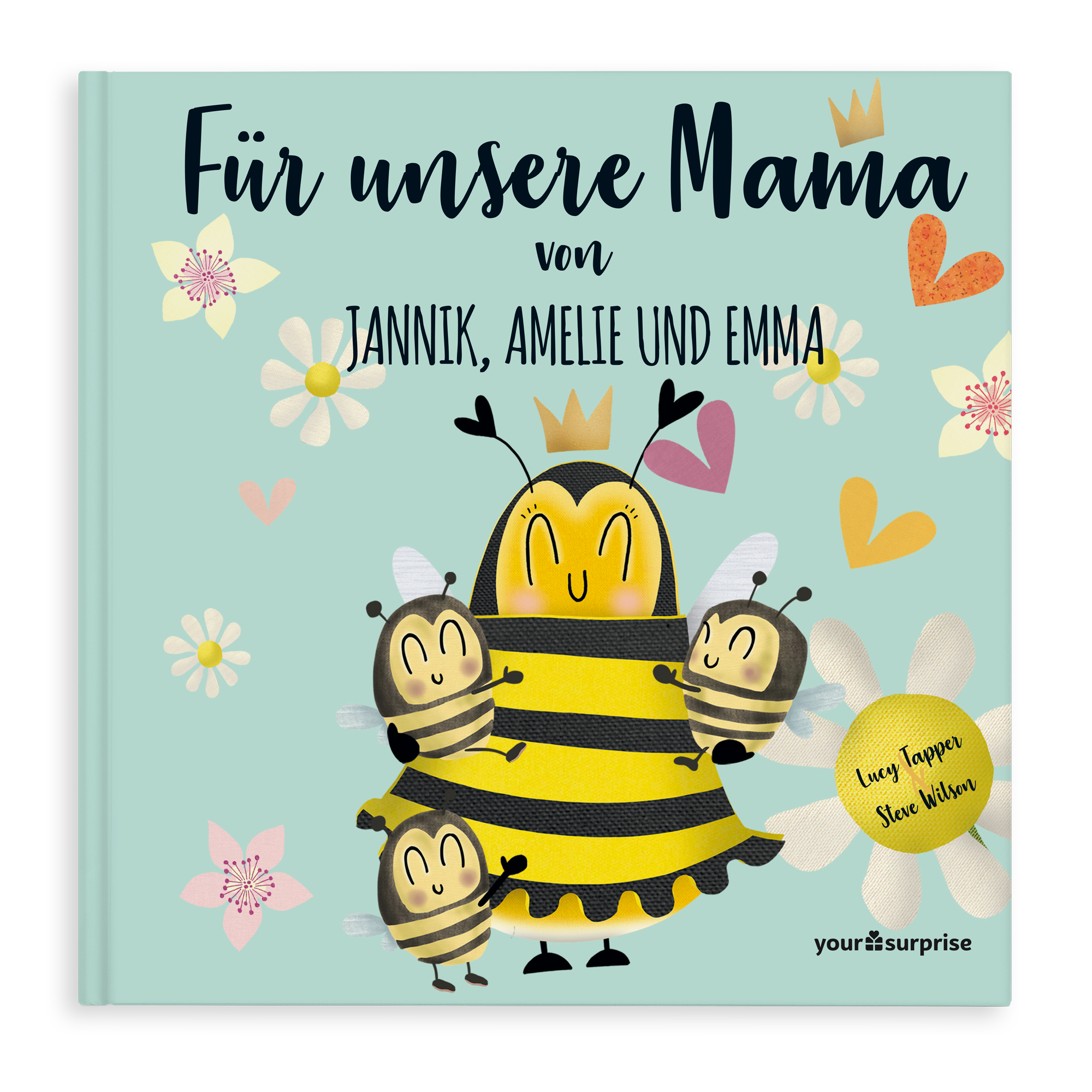Personalisiertes Buch für unsere Mama mit den Namen Jannik, Amelie und Emma. Das lustige Buch zeigt eine Bienen-Mama und ihre drei Bienen-Kinder.