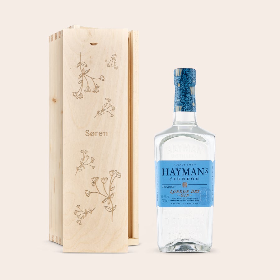 Hayman's London Dry gin - Indgraveret æske Haymans London Dry gin i æske med print af blomster og navnet Søren