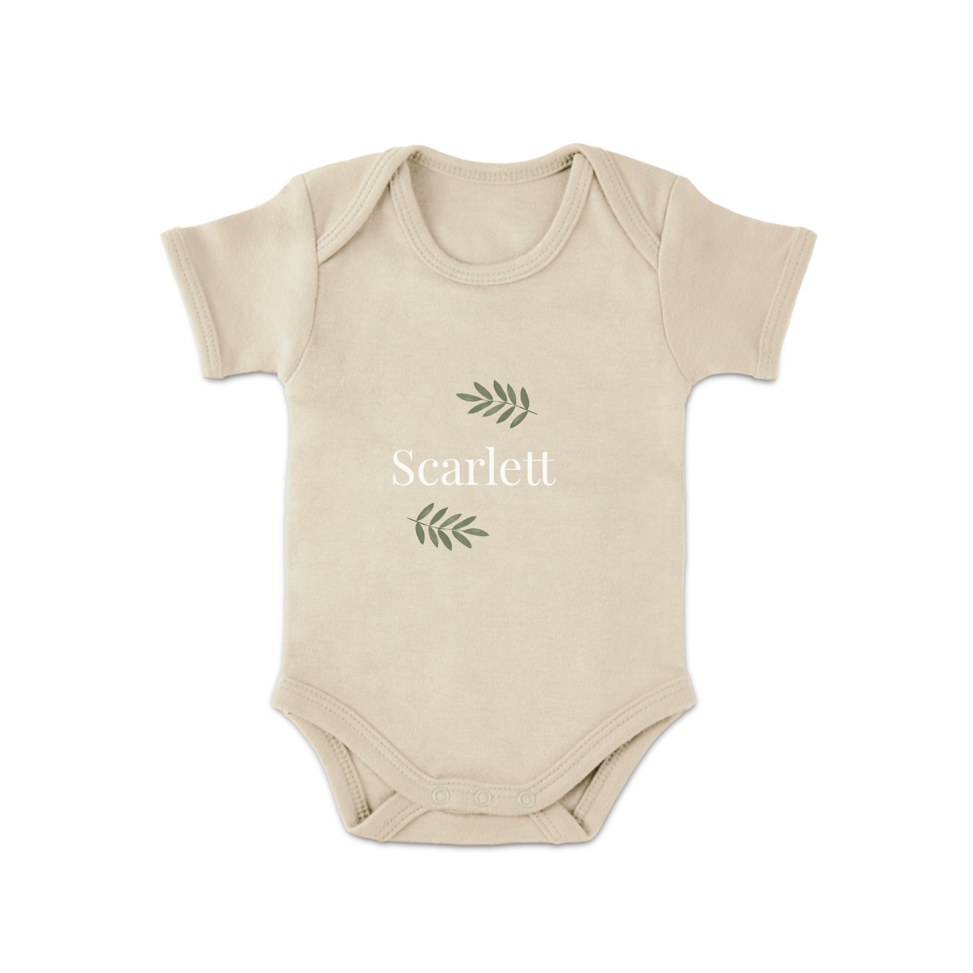 A cute printed babygrow in cream with the name Scarlett and green leaf designs, perfect for new parents