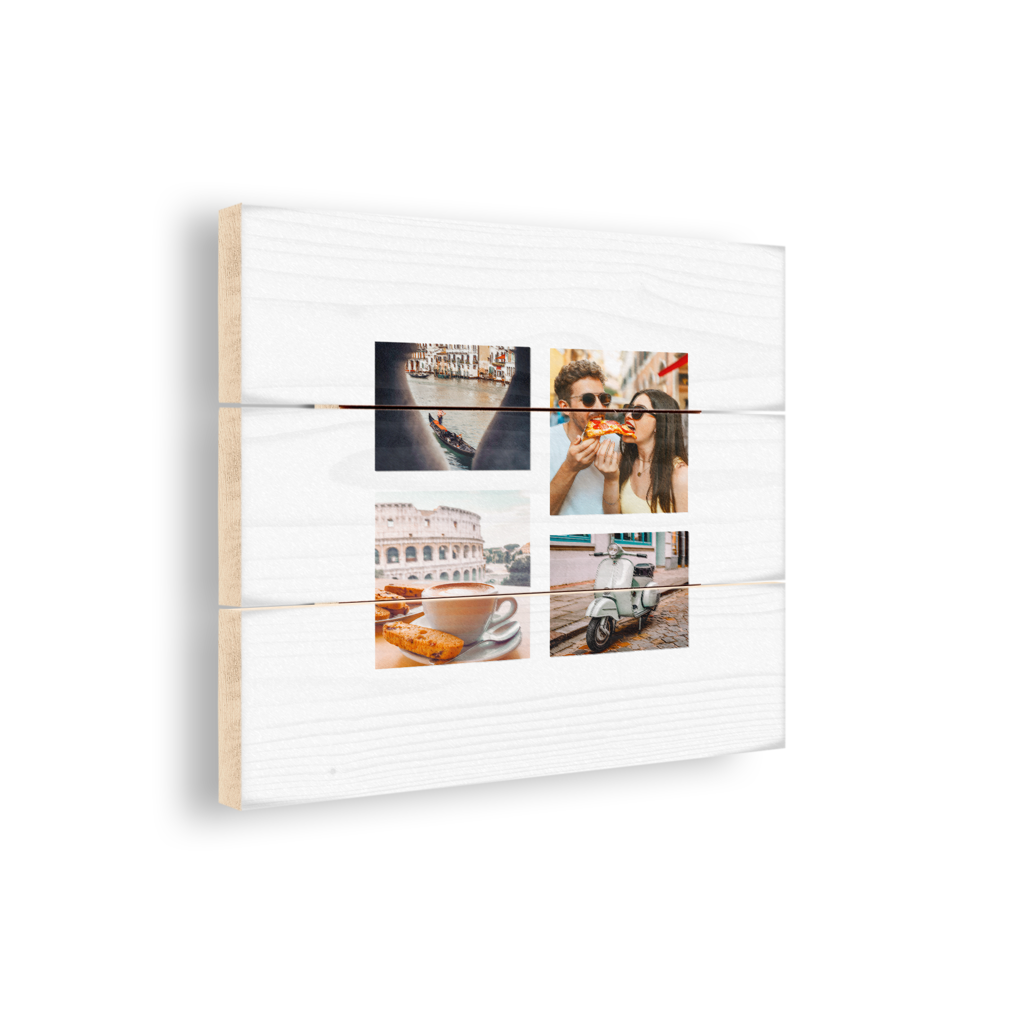 Fotopaneel van wit vurenhout met collage van vier geprinte foto's, een uniek pronkstuk.