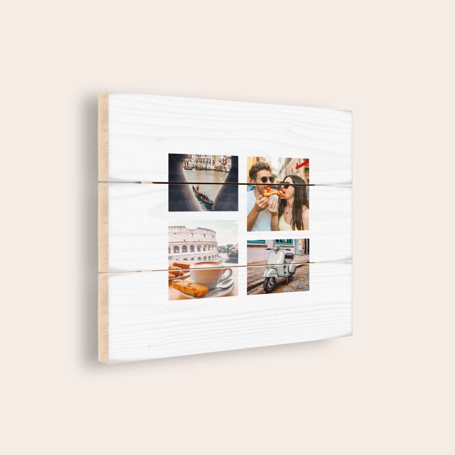 Photo on wood Personalized photo print on wooden planks with four custom pictures, showing travel and food.
