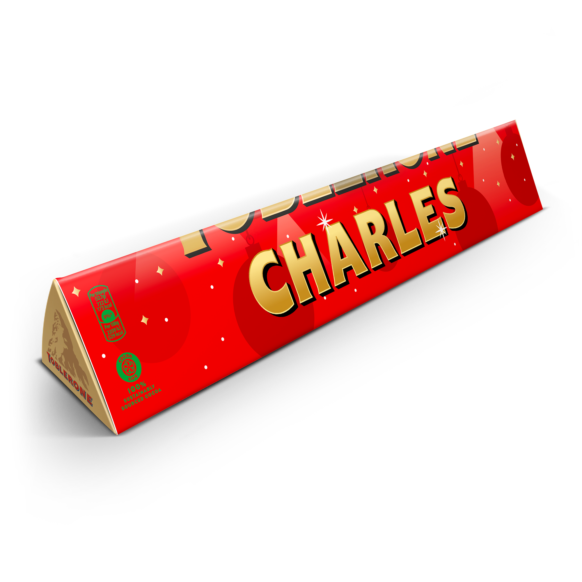 Este bar personalizado XXL Toblerone é uma grande surpresa com o nome CHARLES impresso na embalagem vermelha.
