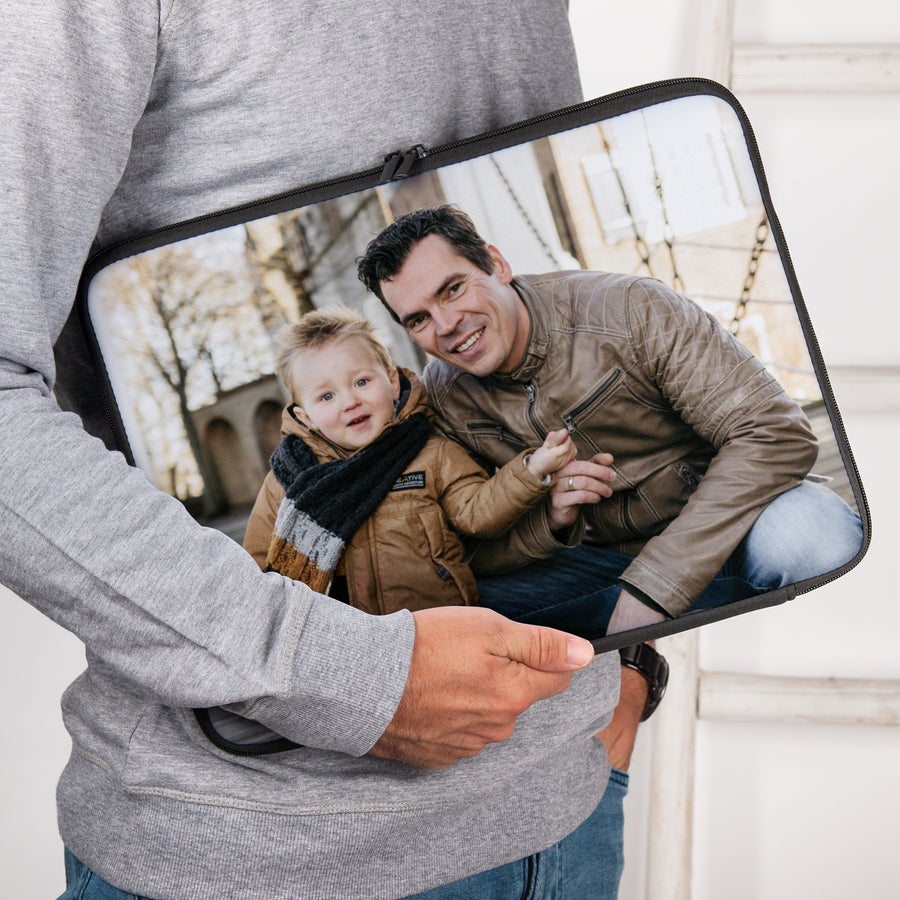 Custodia per laptop Custodia per laptop personalizzata in neoprene con foto stampata di padre e figlio sorridenti