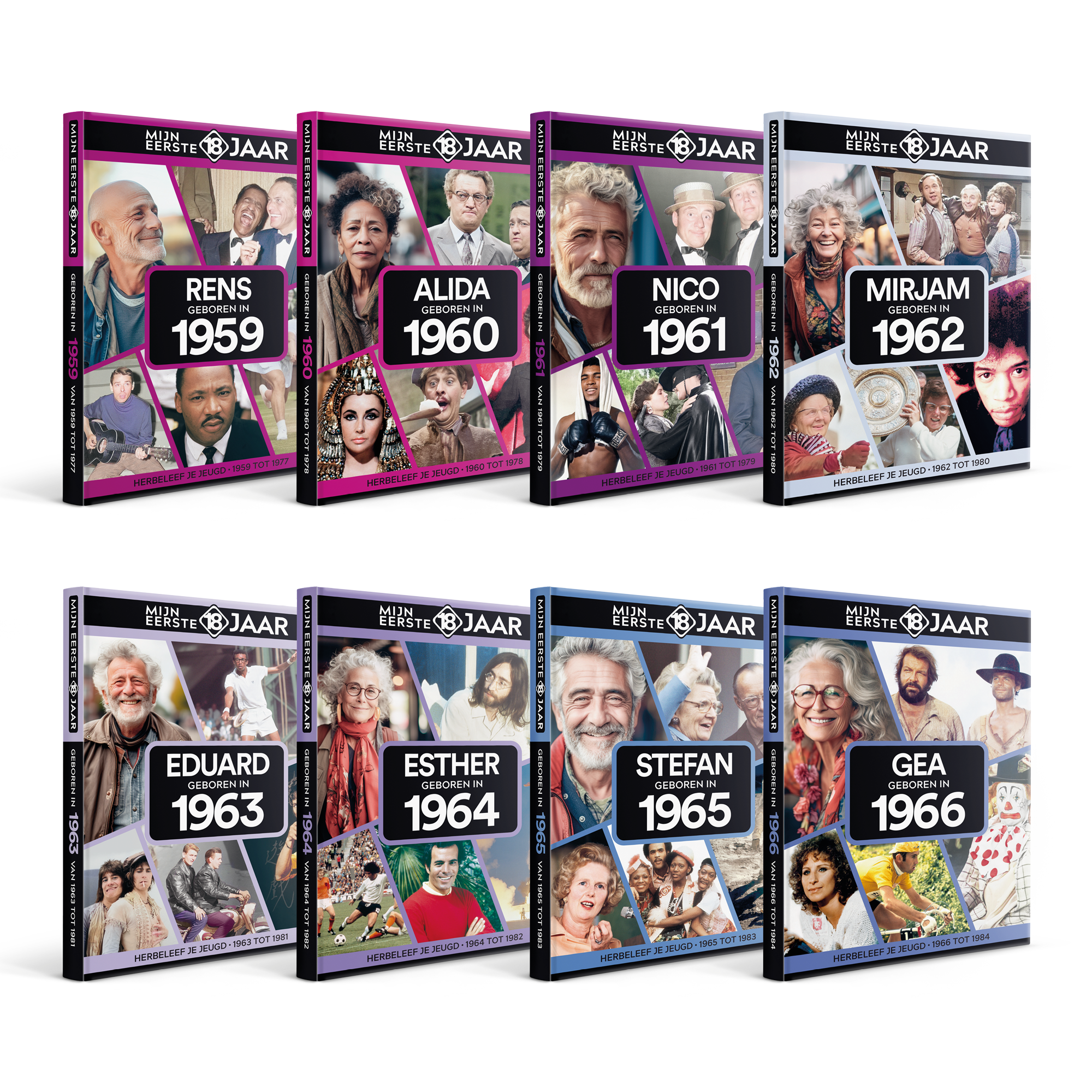 Collectie van acht gepersonaliseerde boeken "Mijn Eerste 18 Jaar", elk met een andere naam en geboortejaar, voor een trip down memory lane.