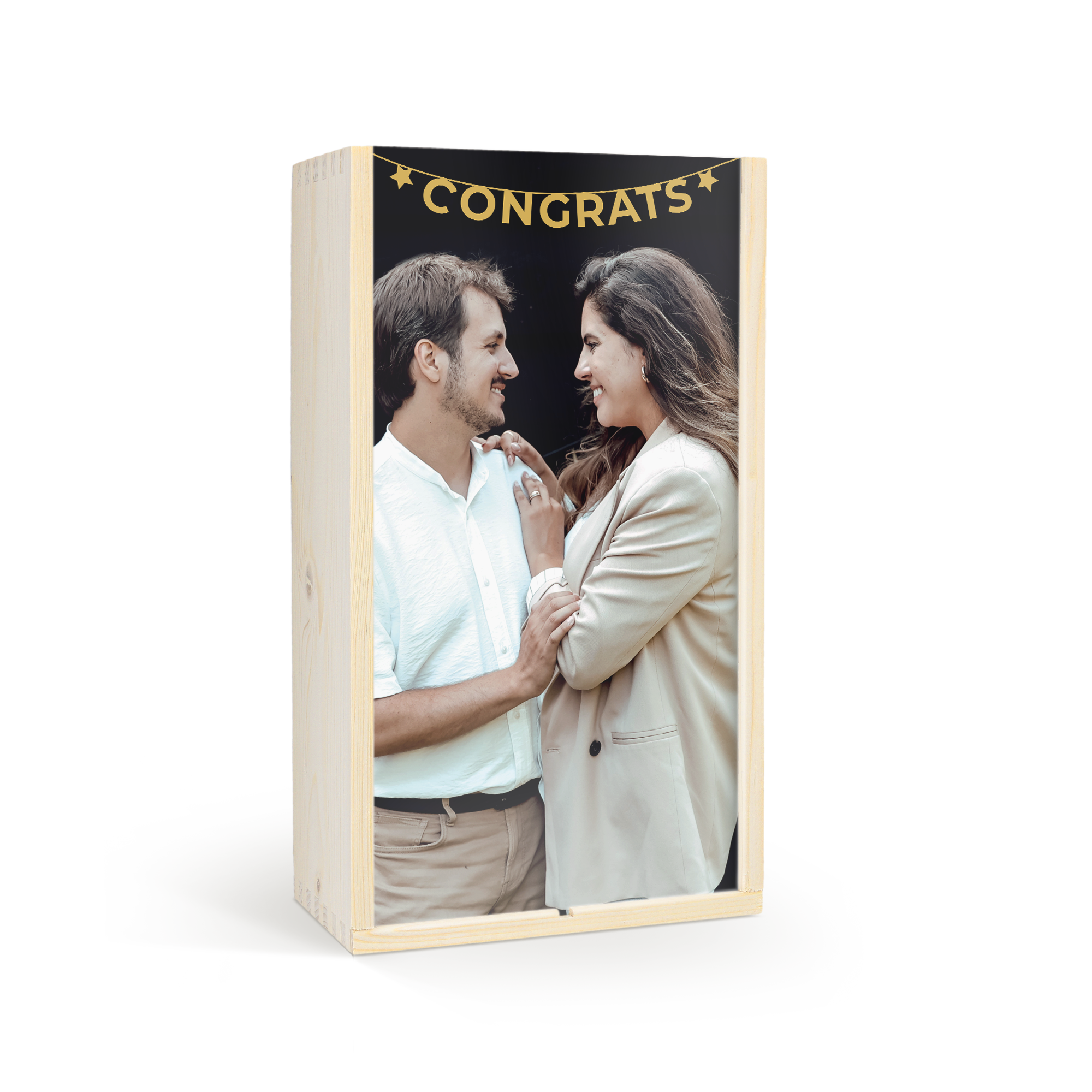 Confezione regalo personalizzata per gin and tonic, stampata con foto di coppia e ghirlanda "CONGRATS"