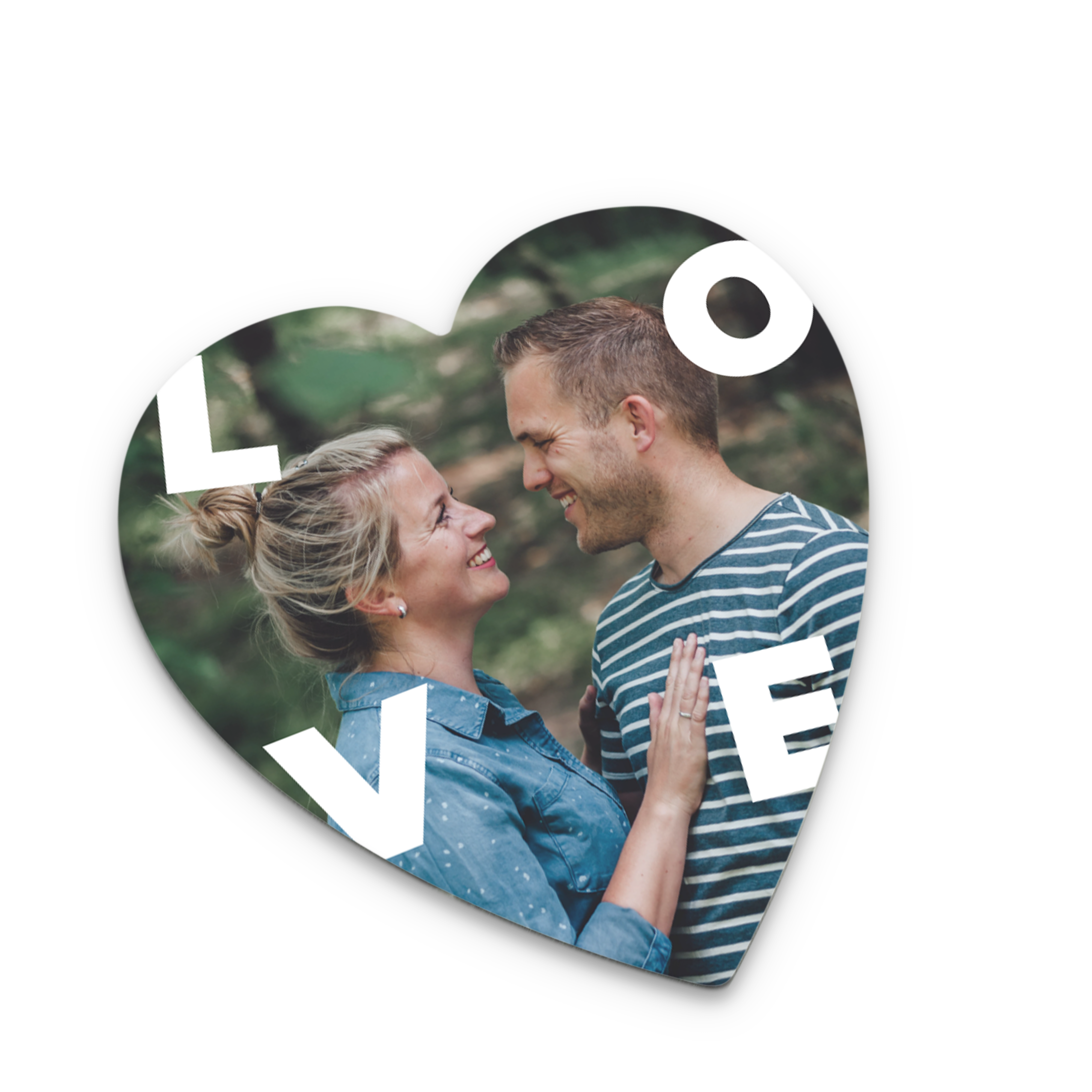 Heart-shaped personalised coaster with a photo of a smiling couple and the word LOVE printed in white across it, to keep any surface perfect.