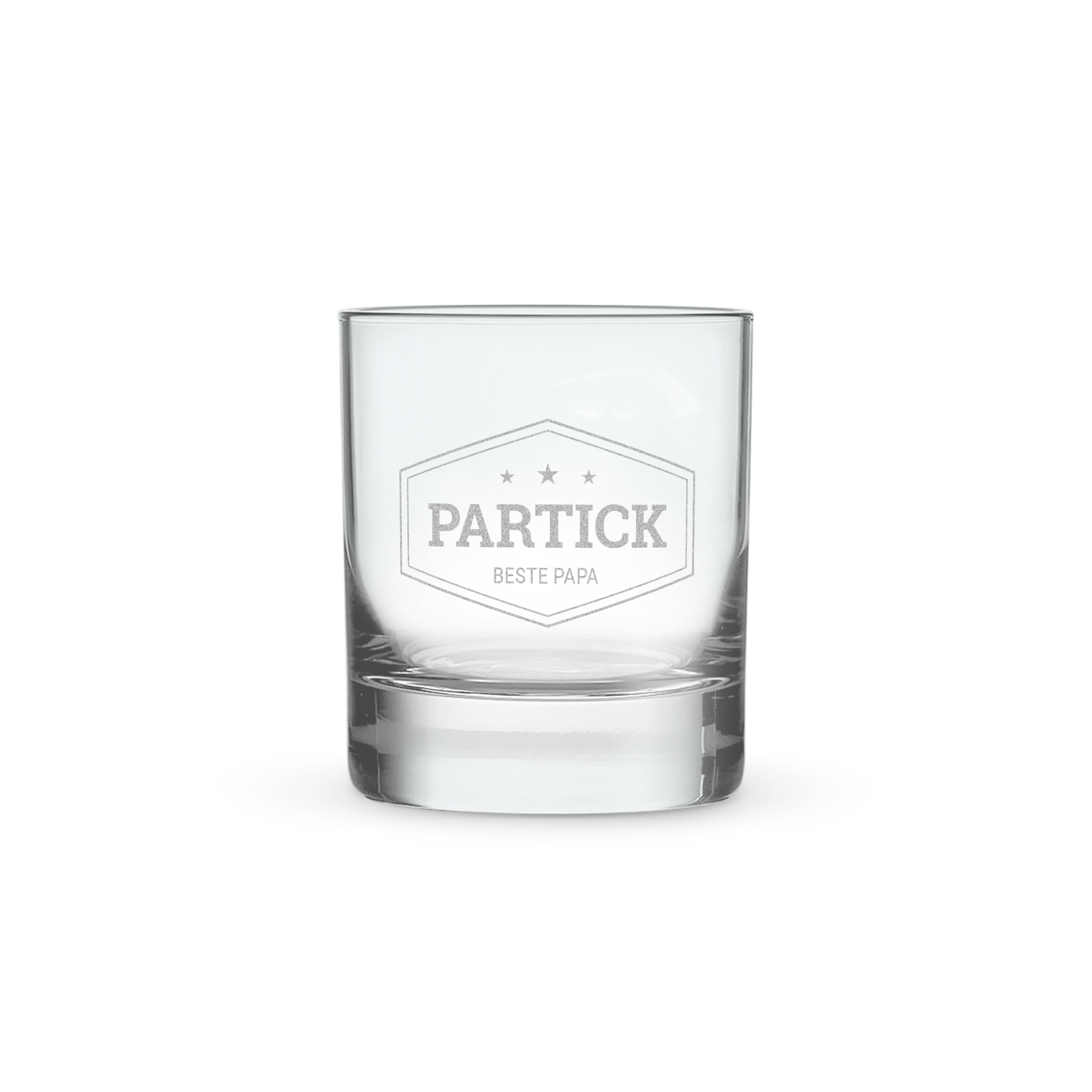 Whiskeyglas gepersonaliseerd met de naam PARTICK en tekst BESTE PAPA, een uniek whiskeycadeau.