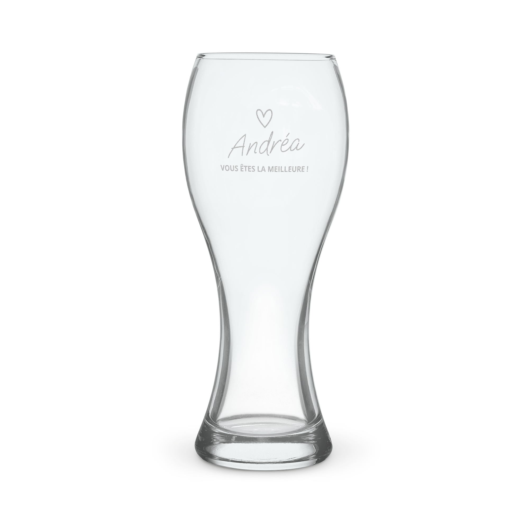Pinte à bière personnalisée, gravée d'un cœur, du prénom Andréa et du texte "VOUS ÊTES LA MEILLEURE"