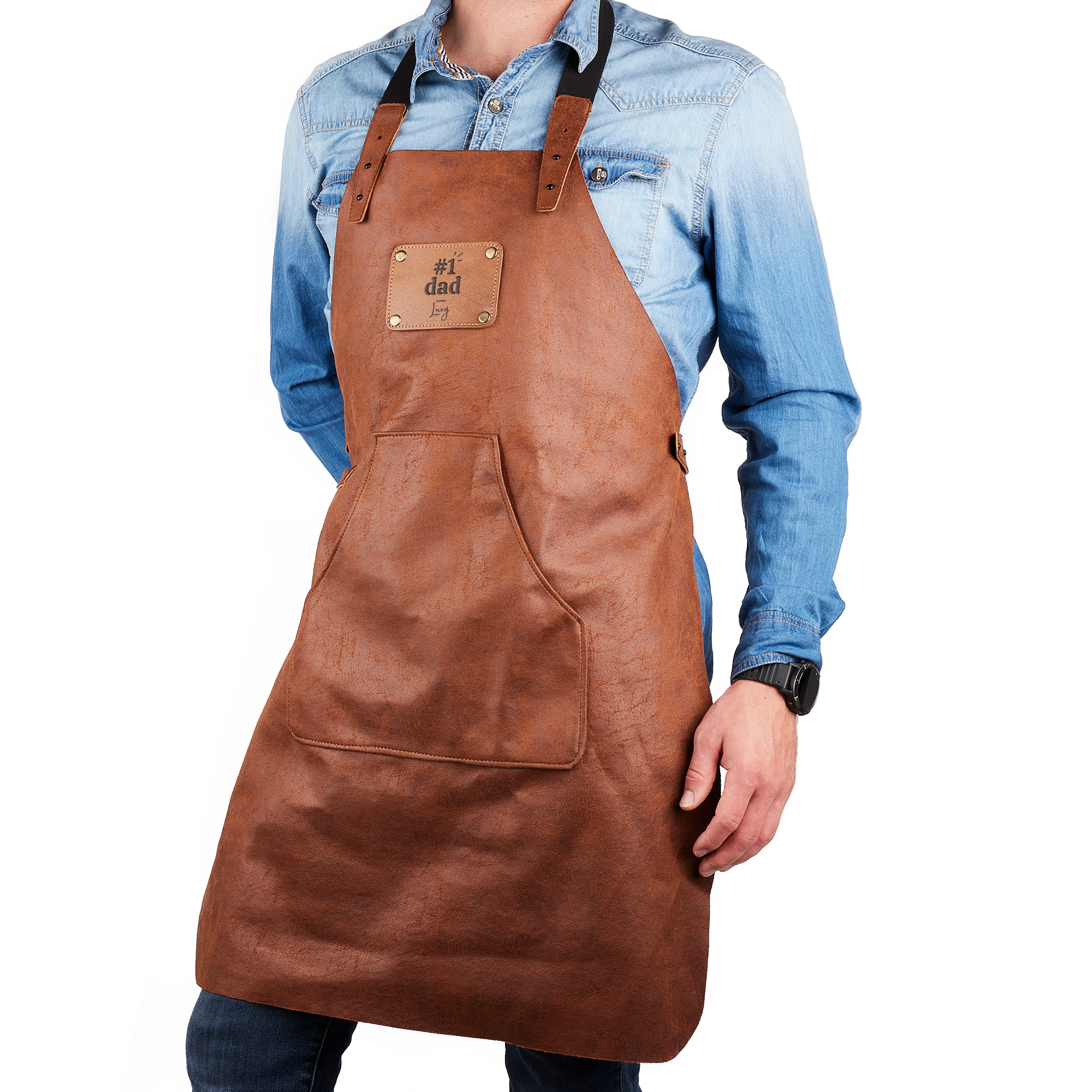 Brown sustainable leather apron with a pocket, engraved with "#1 dad" and "Lucy"