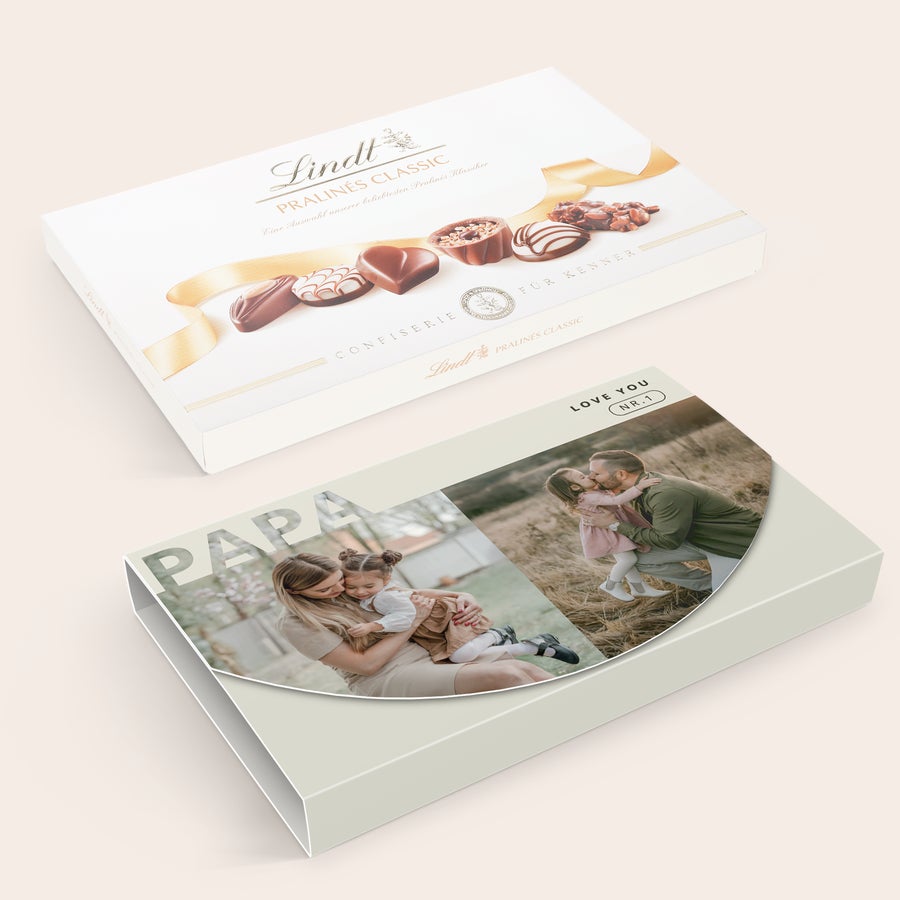 Lindt pralines Classic Gepersonaliseerde doos Lindt chocolade met foto's en tekst Mama, Papa, Love you, Nr.1, voor een blijvende herinnering.
