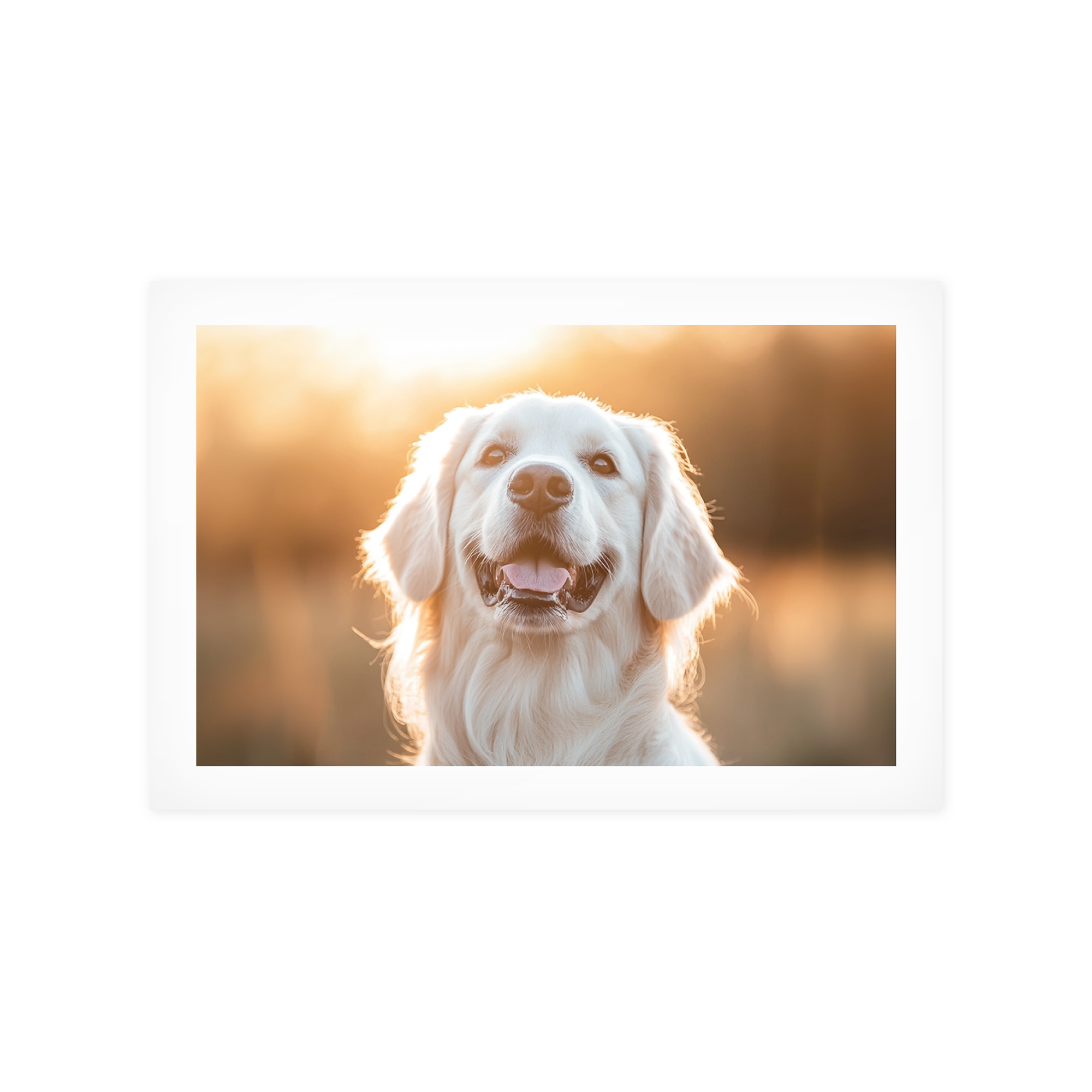 Személyre szabott poszterfotó egy mosolygó golden retrieverről, nyomtatva kedvenc pillanataival, fekete keretben