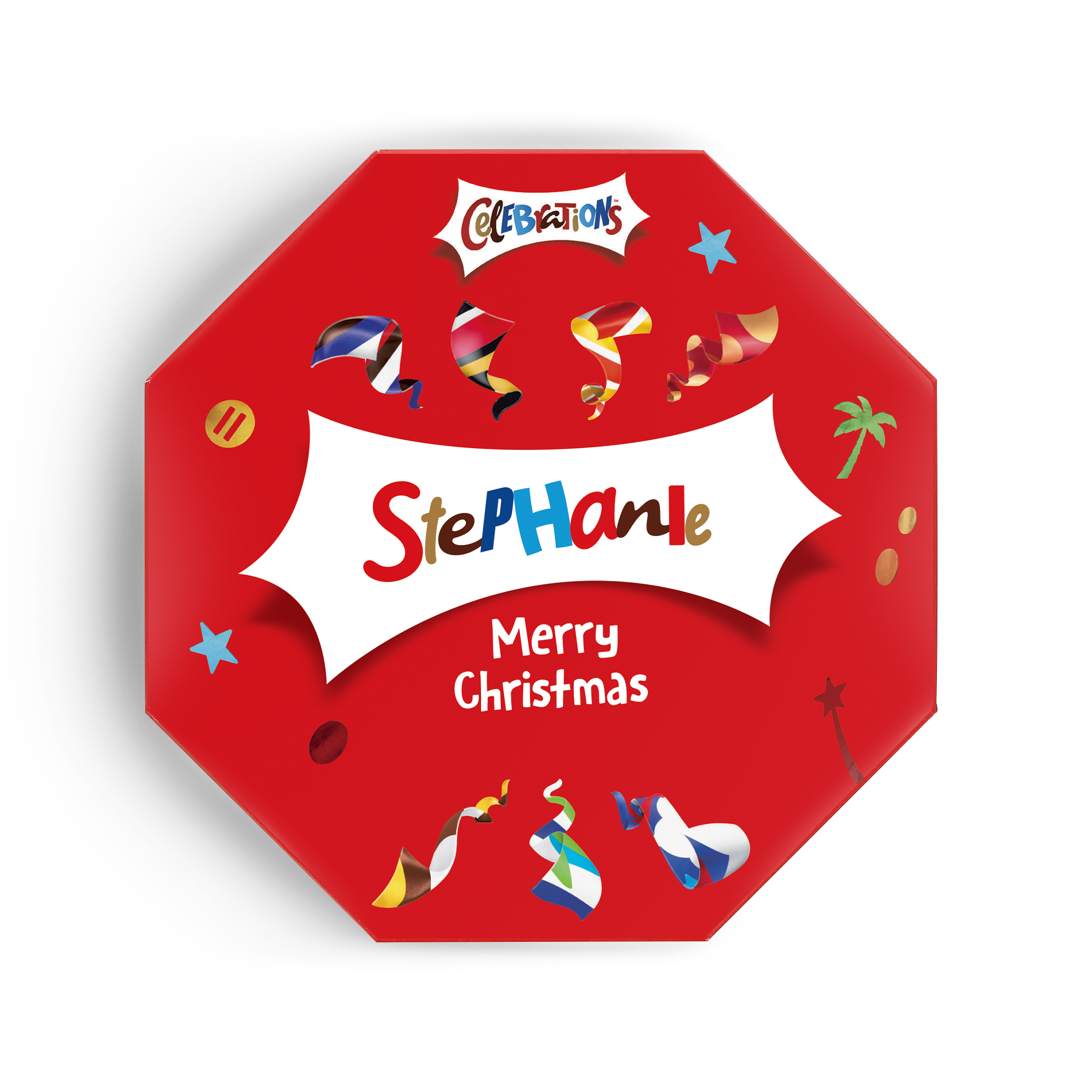 Red personalised Celebrations box with the name Stephanie and Merry Christmas printed on it