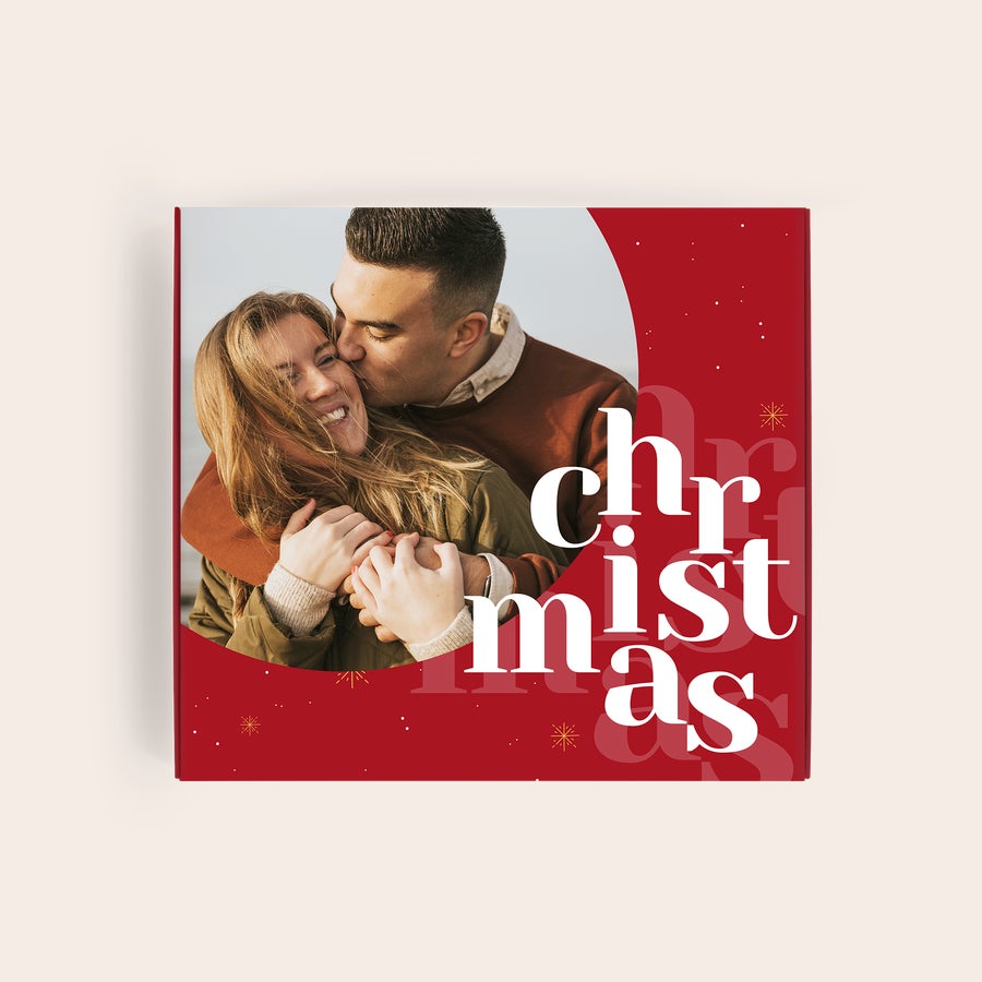 Milka Pralinen Weihnachten Personalisierte Milka Geschenkbox zu Weihnachten, bedruckt mit Foto eines Paares und dem Wort "Christmas"