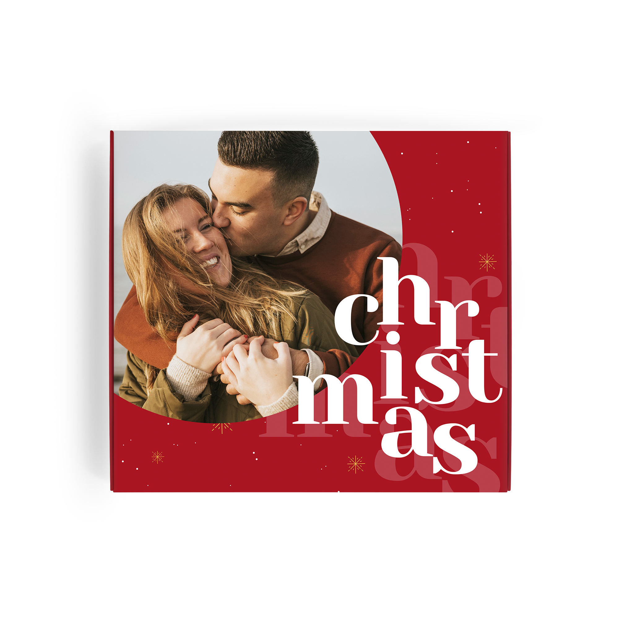 Gepersonaliseerde Milka geschenkdoos in kerstthema met eigen foto van een stel en de tekst Christmas, geprint in full colour