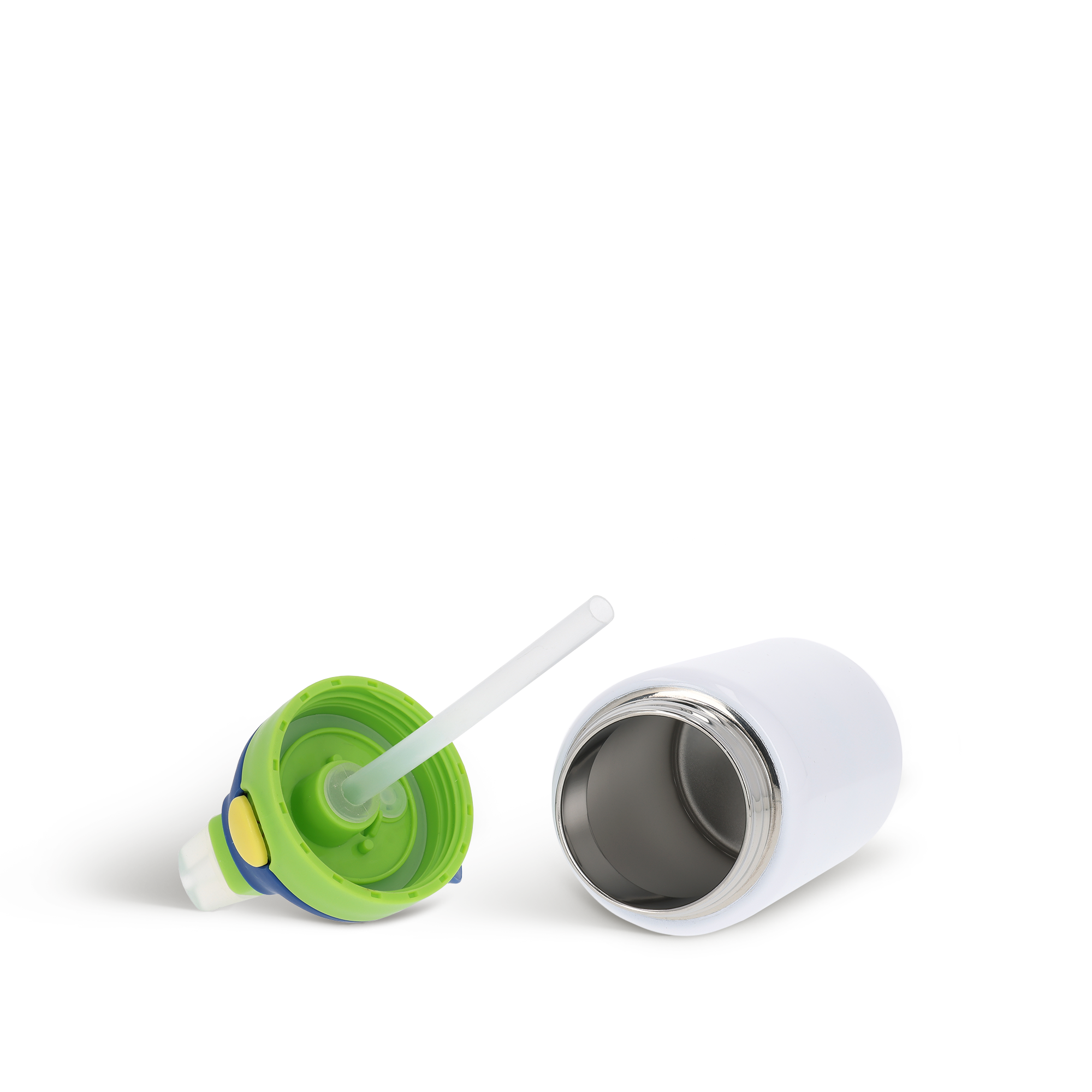 Witte kinderdrinkfles met groene en donkerblauwe dop met rietje, personaliseren met naam of foto. Maak drinken leuk met een fles speciaal voor hen!