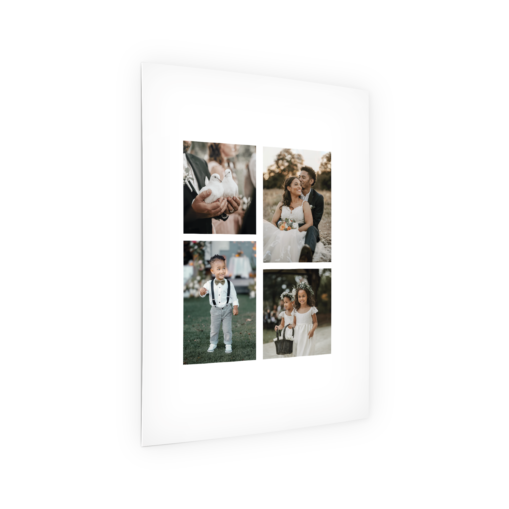 Poster personalizzato con collage di foto stampato. Cattura i tuoi momenti preferiti con 4 foto: sposi, bambini, colombi.