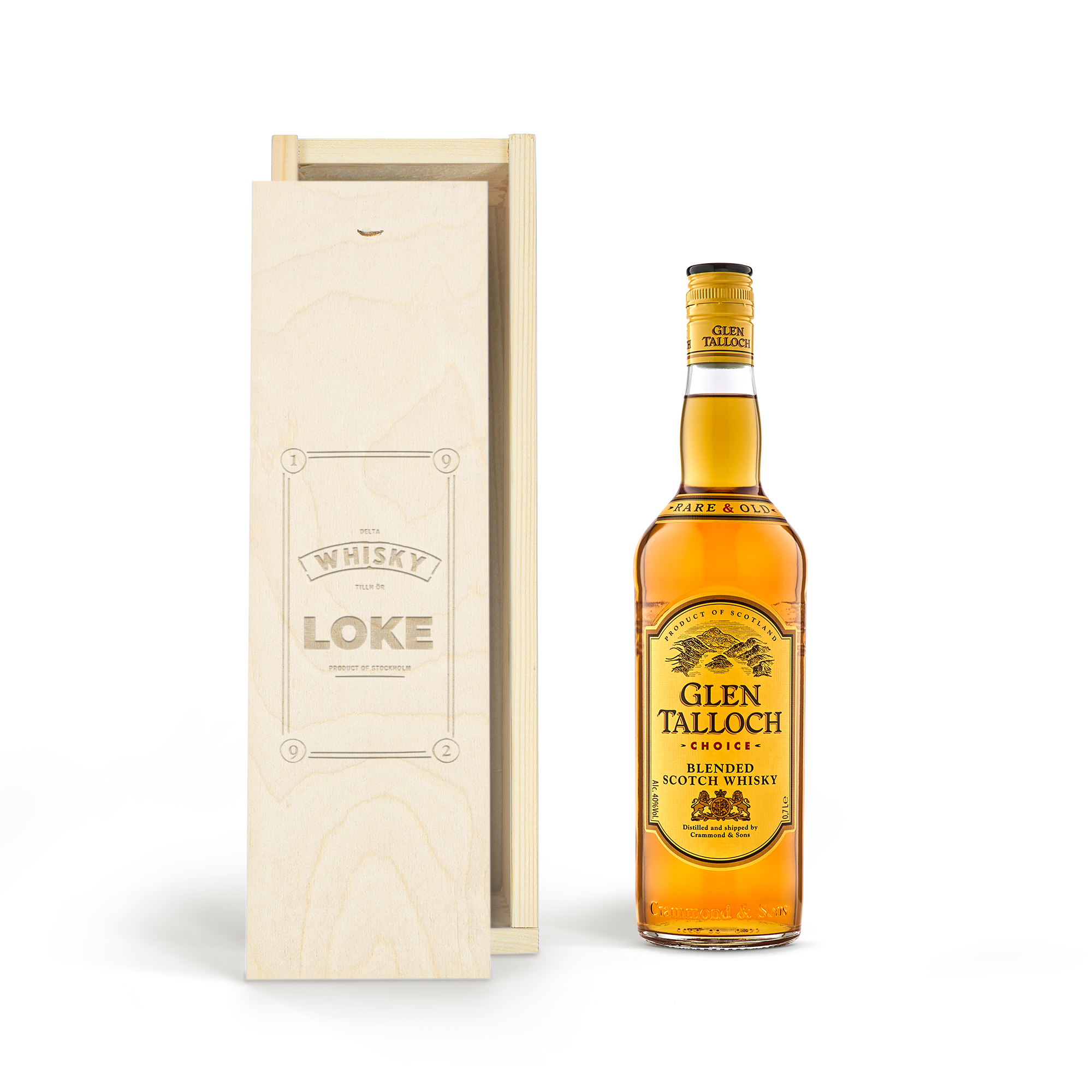Glen Talloch whisky i en graverad träask med namnet LOKE och årtal 1992 som personlig present