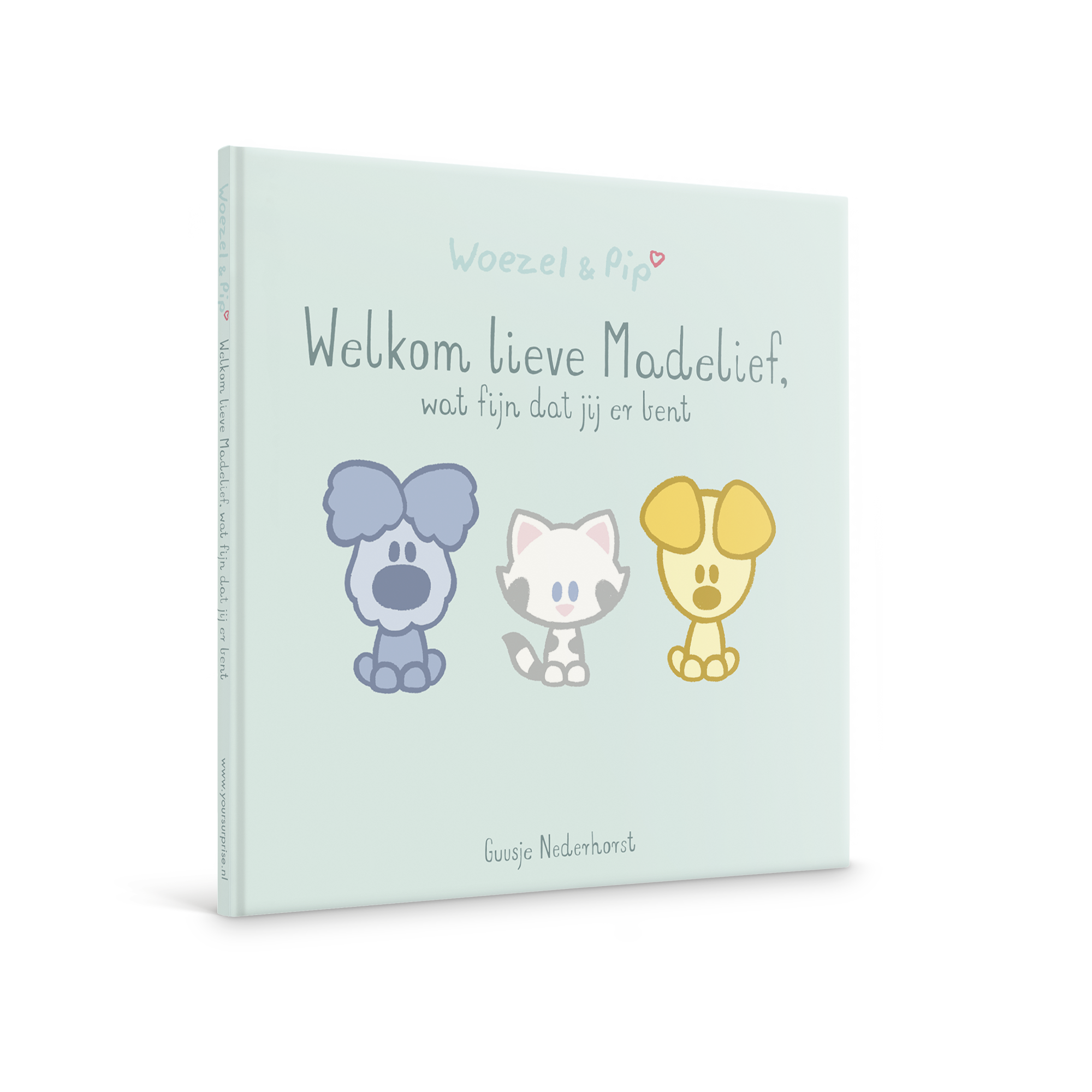 Woezel & Pip babyboek met naam en foto - Hardcover. Gepersonaliseerd babyboek "Welkom lieve Madelief, wat fijn dat jij er bent" met Woezel & Pip.