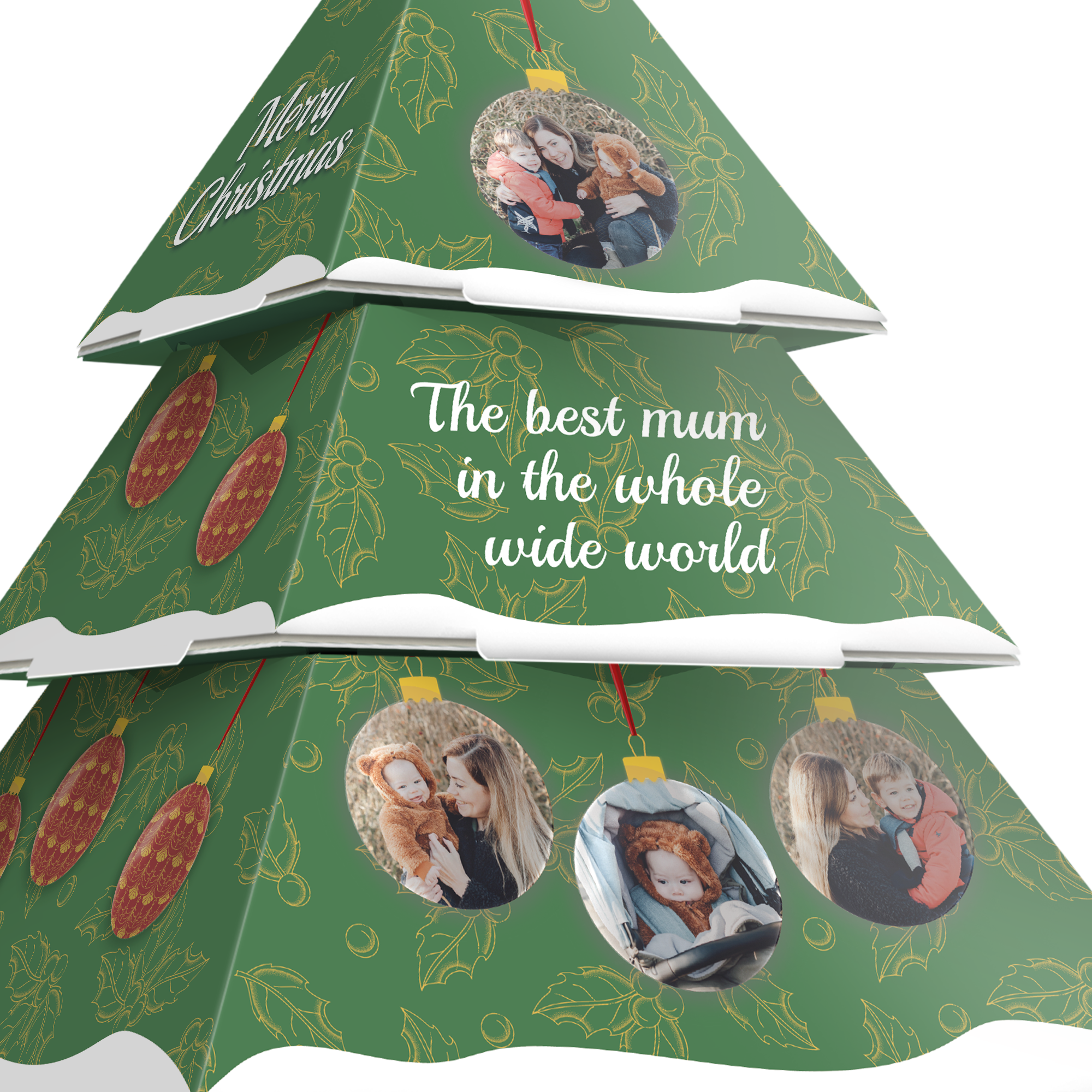 Árbol de Navidad DIY verde oscuro con texto "Merry Christmas" y "The best mum in the whole wide world", y adornos impresos con fotos. Ilumina las fiestas con un toque personal.