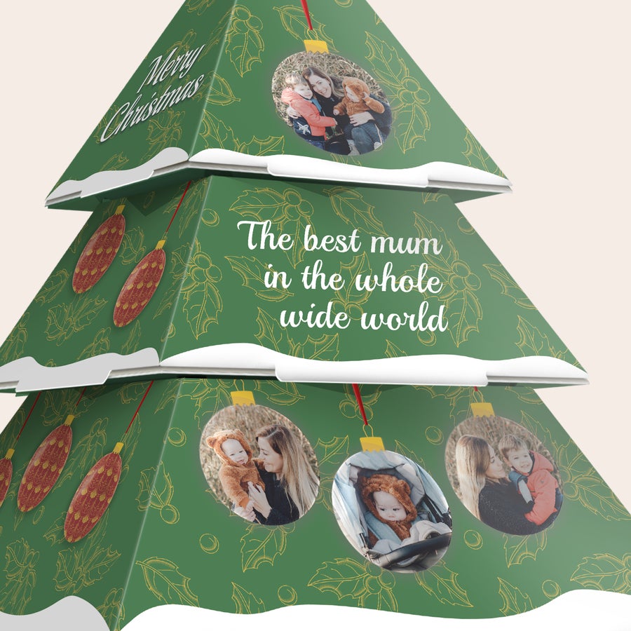 Árbol de Navidad de papel personalizado DIY Árbol de Navidad DIY verde oscuro con texto "Merry Christmas" y "The best mum in the whole wide world", y adornos impresos con fotos. Ilumina las fiestas con un toque personal.