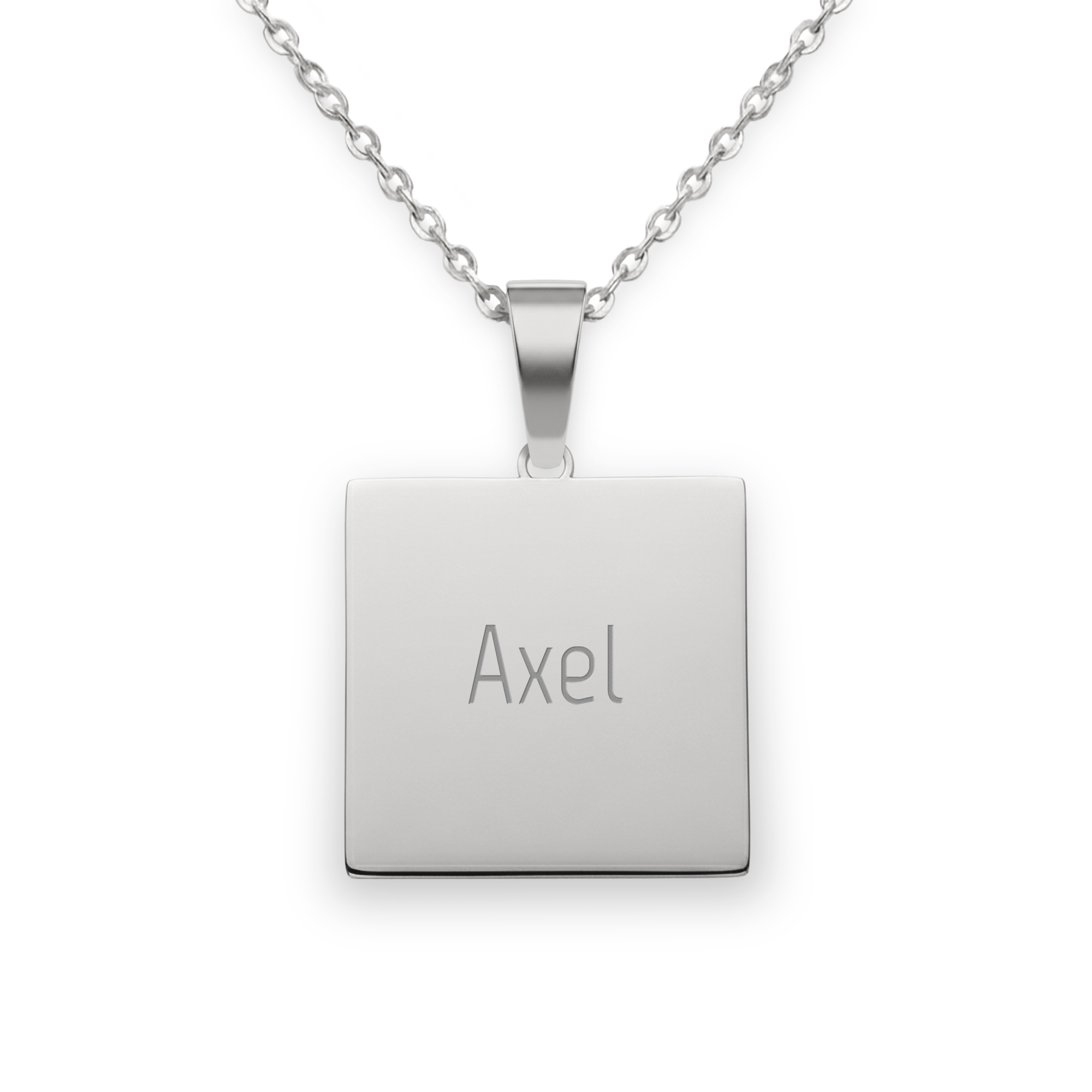 Collier pendentif carré avec texte couleur argent, gravé du prénom personnalisable « Axel »