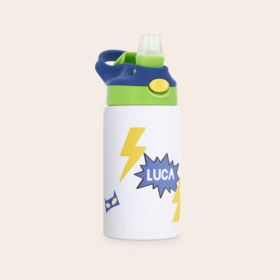 Personalised water bottles for kids White personalised water bottle with blue and green lid, printed with yellow lightning bolts and the name Luca in a blue speech bubble.