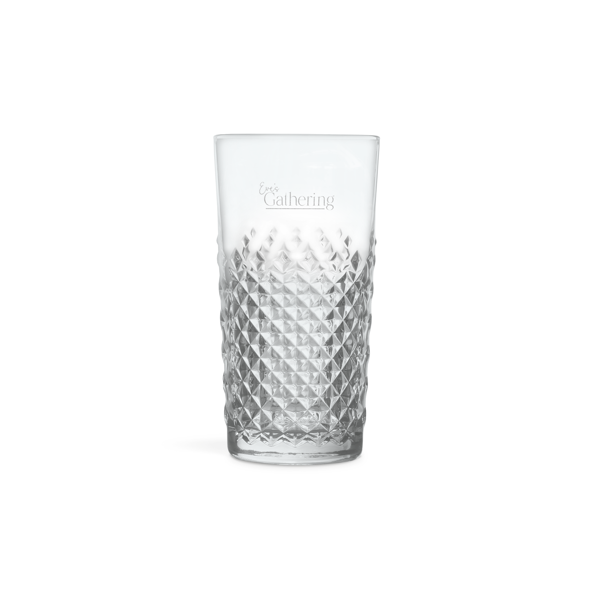 Personalized engraved mojito glass with "Eve's Gathering" text, featuring a diamond pattern on the bottom half, ready to be customized