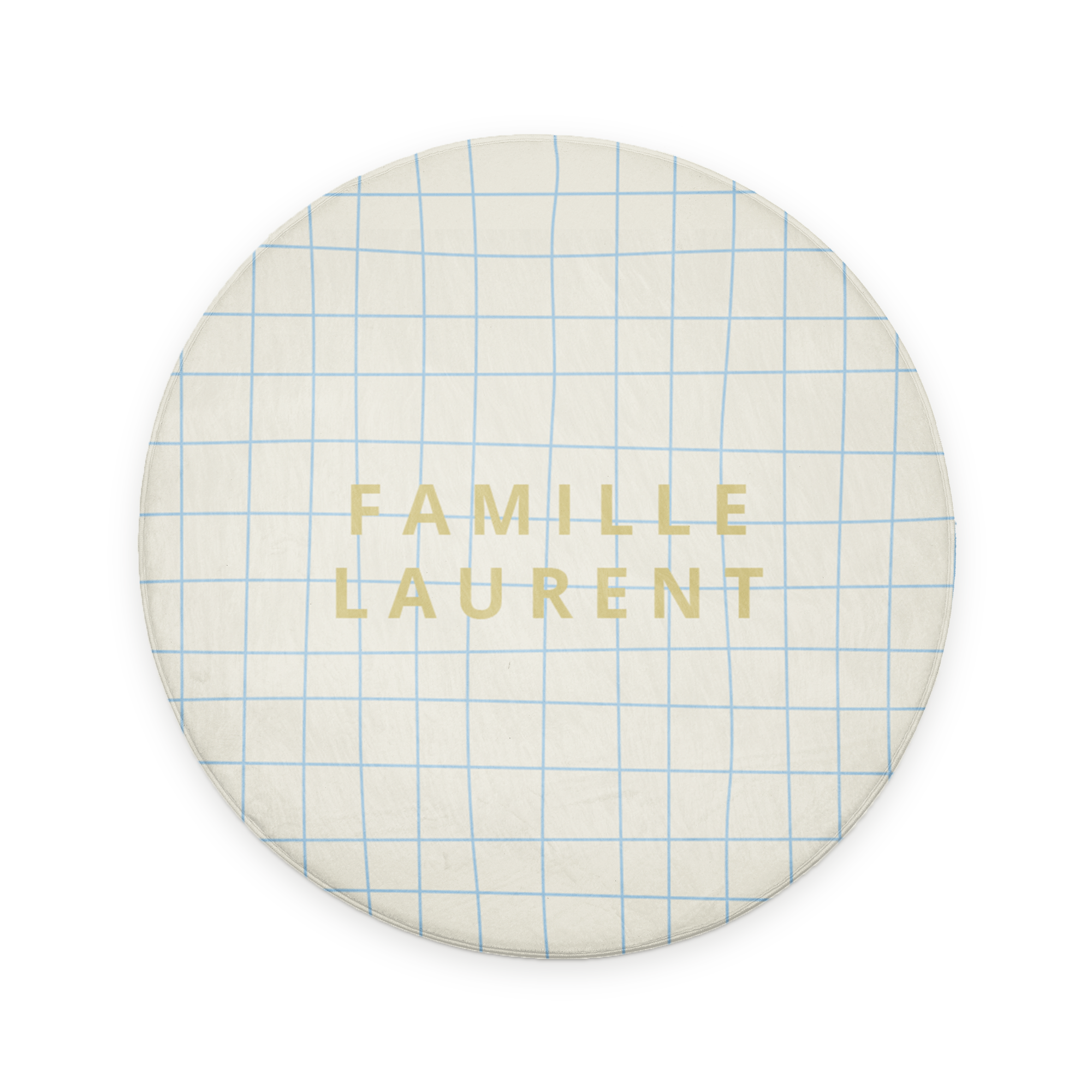 Tapis de bain personnalisé imprimé quadrillé blanc et bleu avec texte Famille Laurent