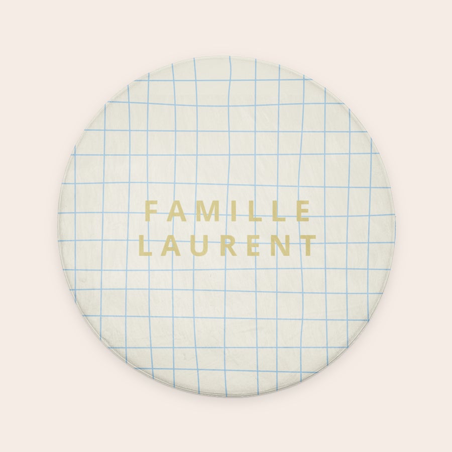 Tapis de bain personnalisé - ø 70 cm Tapis de bain personnalisé imprimé quadrillé blanc et bleu avec texte Famille Laurent