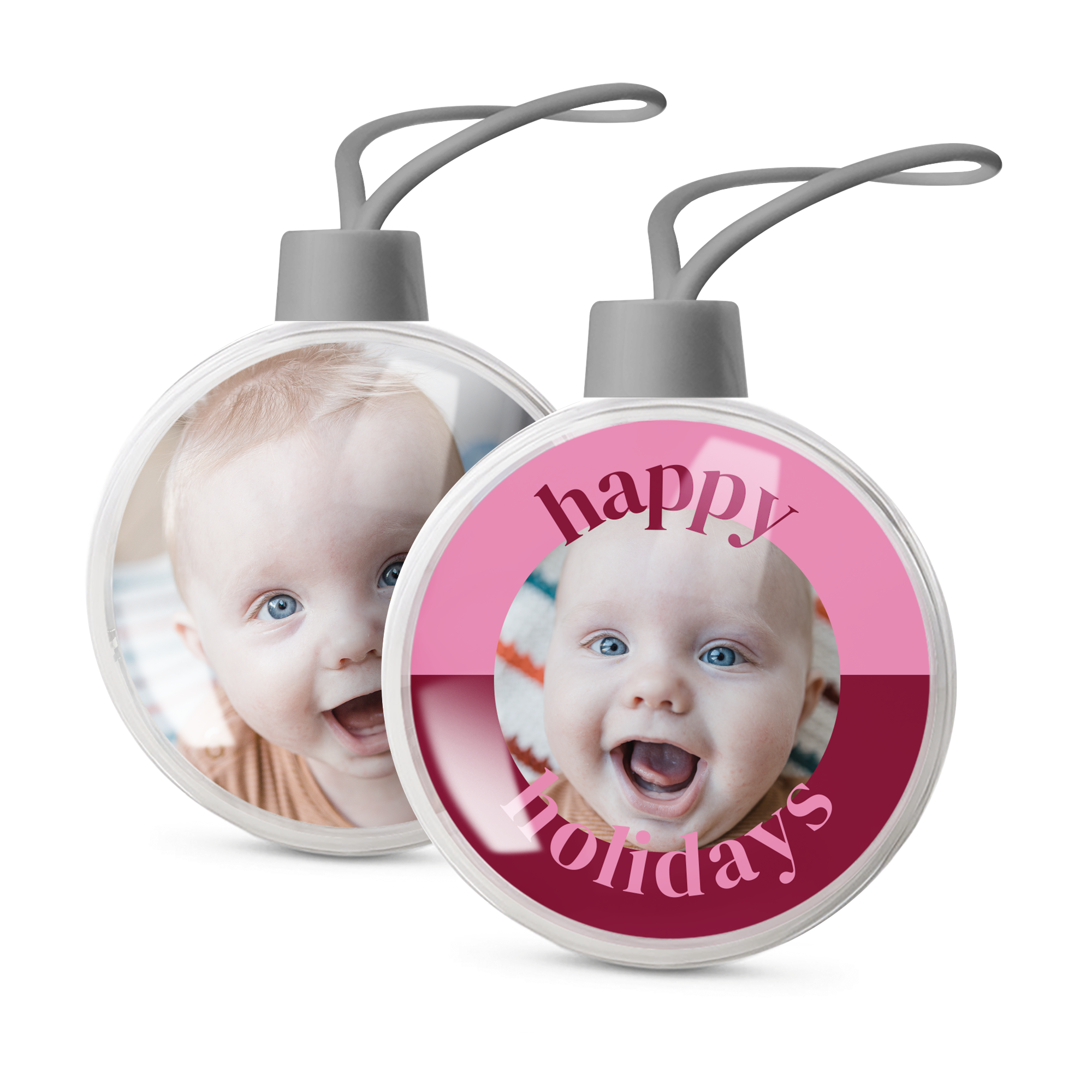 Glob transparent pentru prima băiețe de Crăciun a bebelușului, personalizat cu fotografia unui bebeluș zâmbitor, imprimat cu mesajul happy holidays