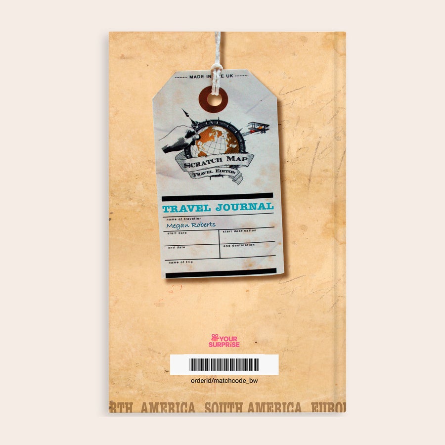 Livro - Diário de Viagem Diário de viagem personalizado com etiqueta impressa "TRAVEL JOURNAL", o nome Megan Roberts e mapa-múndi.