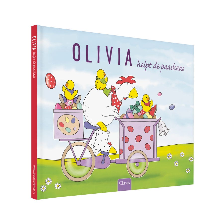 Persoonlijk paasverhaalboek met naam Olivia en illustratie van kip met kuikens op de fiets, op jacht naar chocolade-eieren.