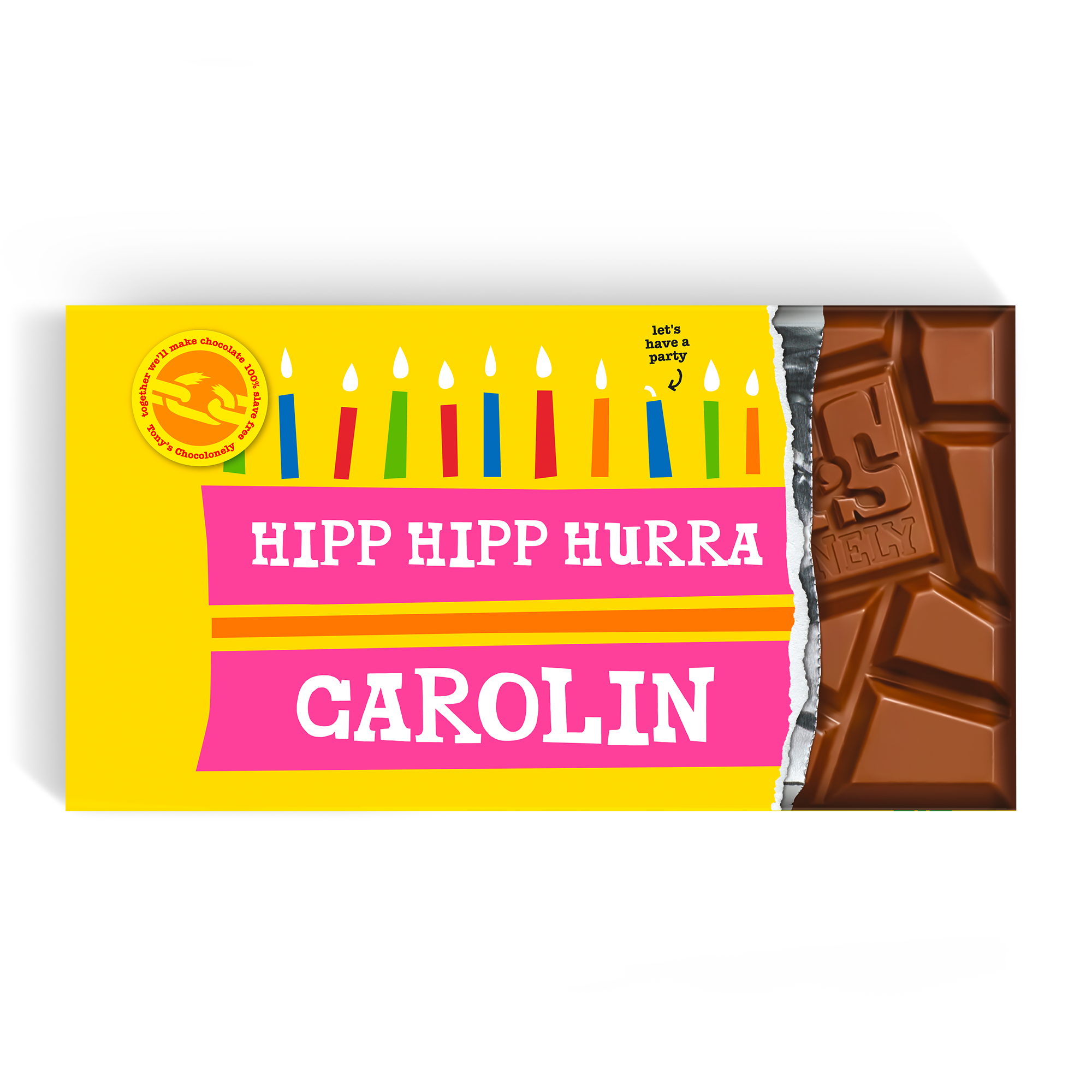 Diese personalisierte Tony's Chocolonely Mega-Tafel mit "HIPP HIPP HURRA" und "CAROLIN" ist die allergrößte Überraschung