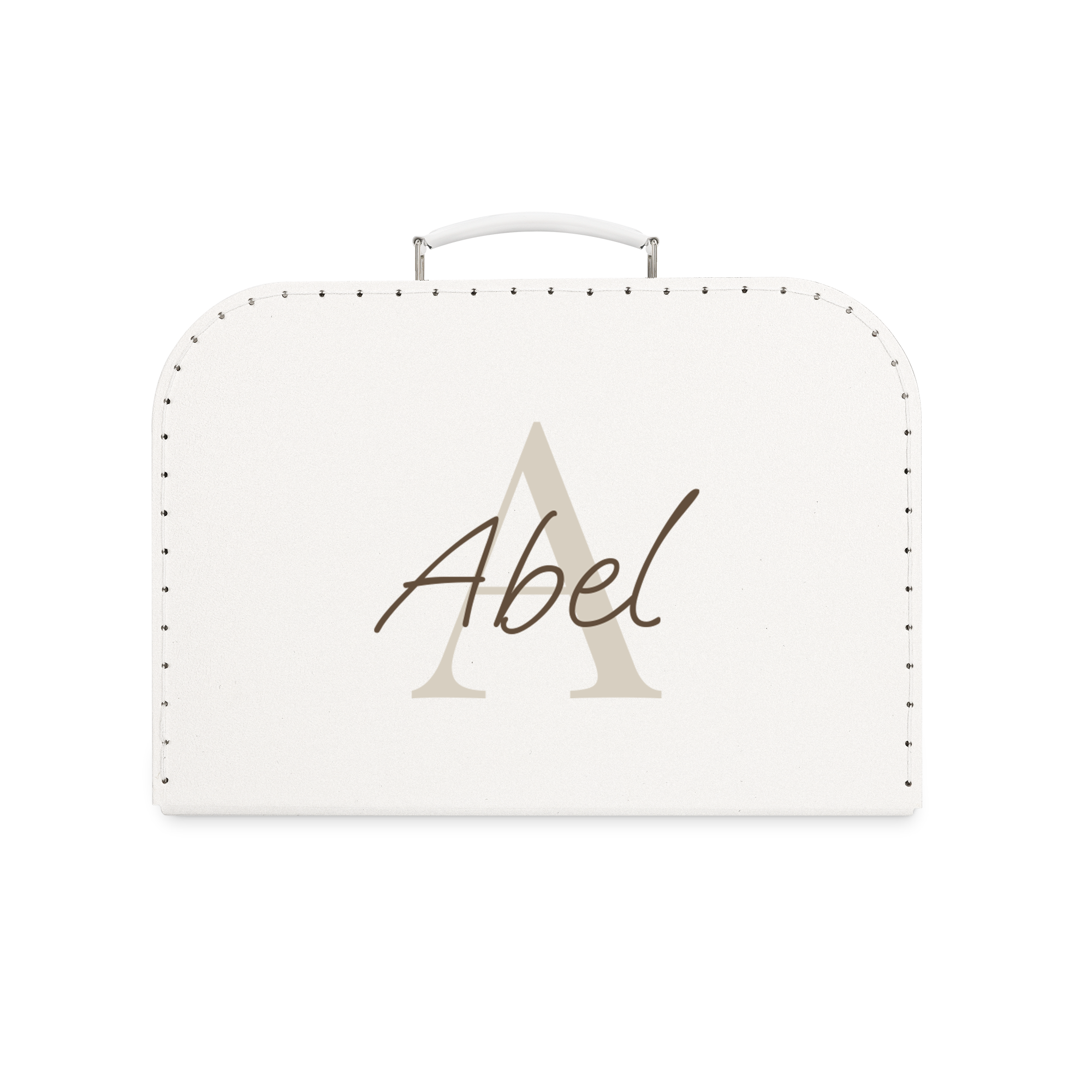 Lekekoffert med trykk, Abel-design og personlig navn Abel i brun skrift.