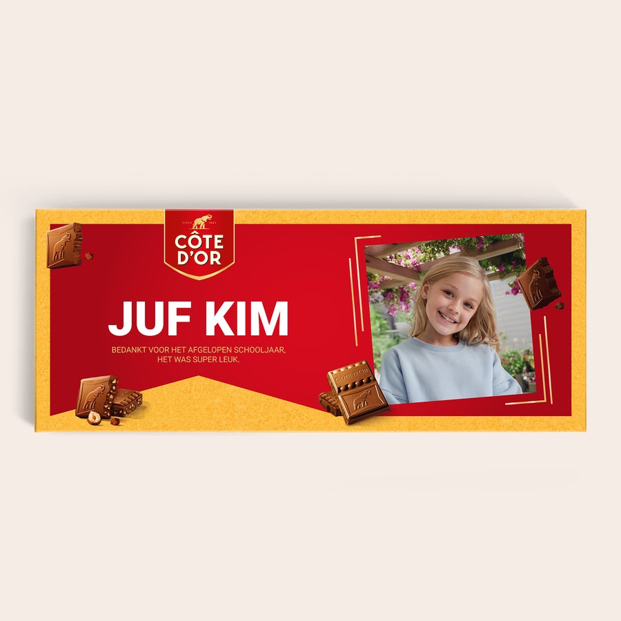 Mega Côte d'Or reep met naam en foto bedrukken Mega Côte d'Or reep met naam en foto bedrukken