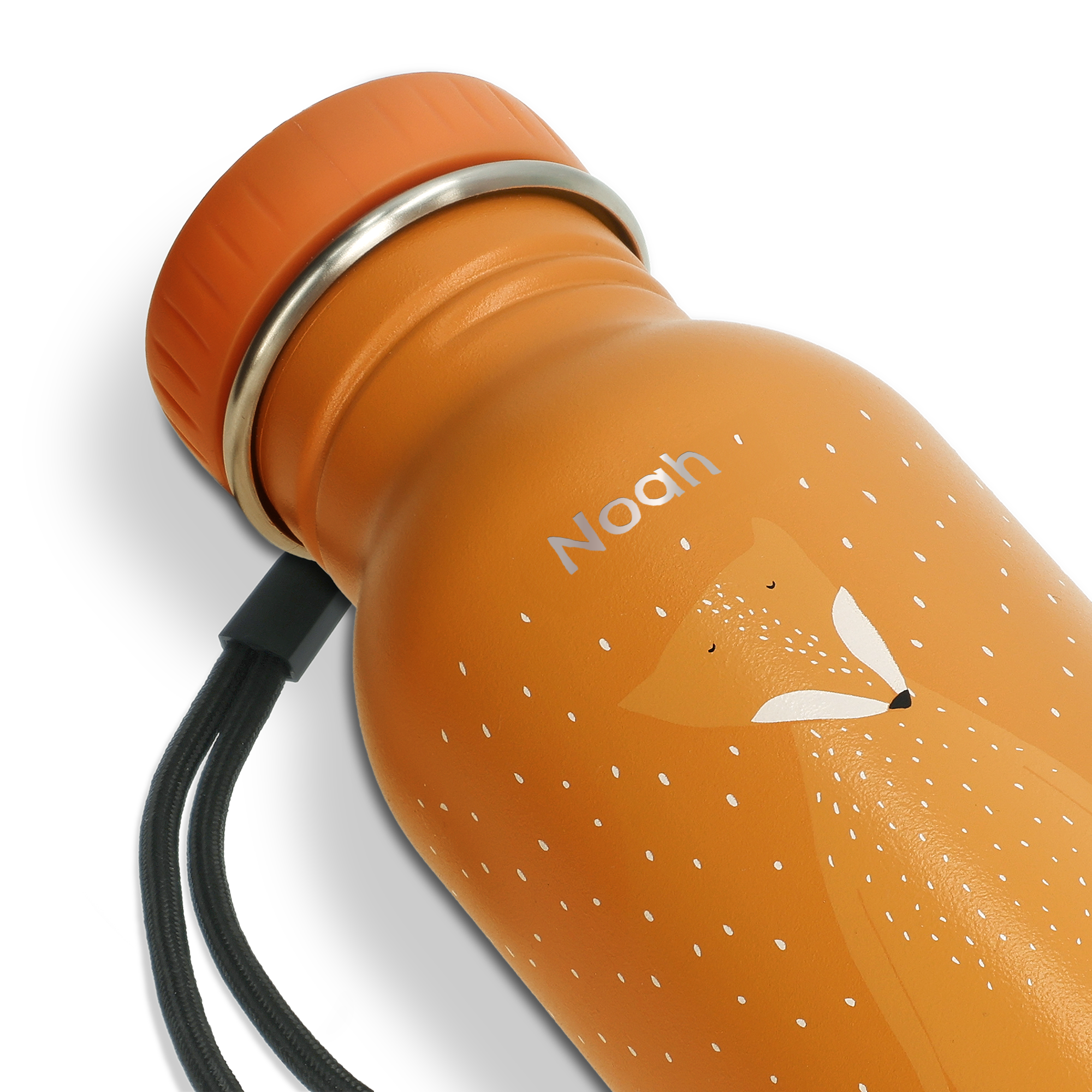 Orange Trinkflasche mit Fuchs-Motiv und Namen Noah, lasergraviert mit weißer Schrift