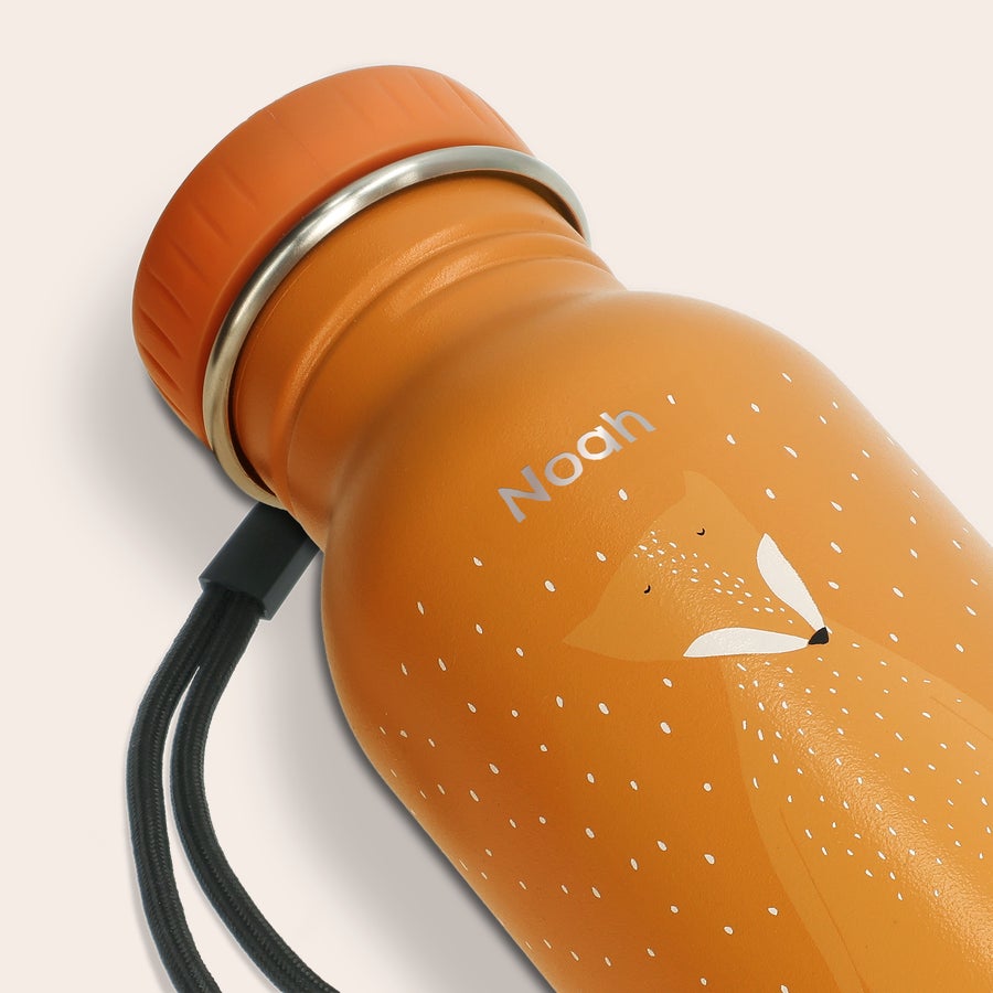 Trinkflasche Kinder mit Namen Orange Trinkflasche mit Fuchs-Motiv und Namen Noah, lasergraviert mit weißer Schrift