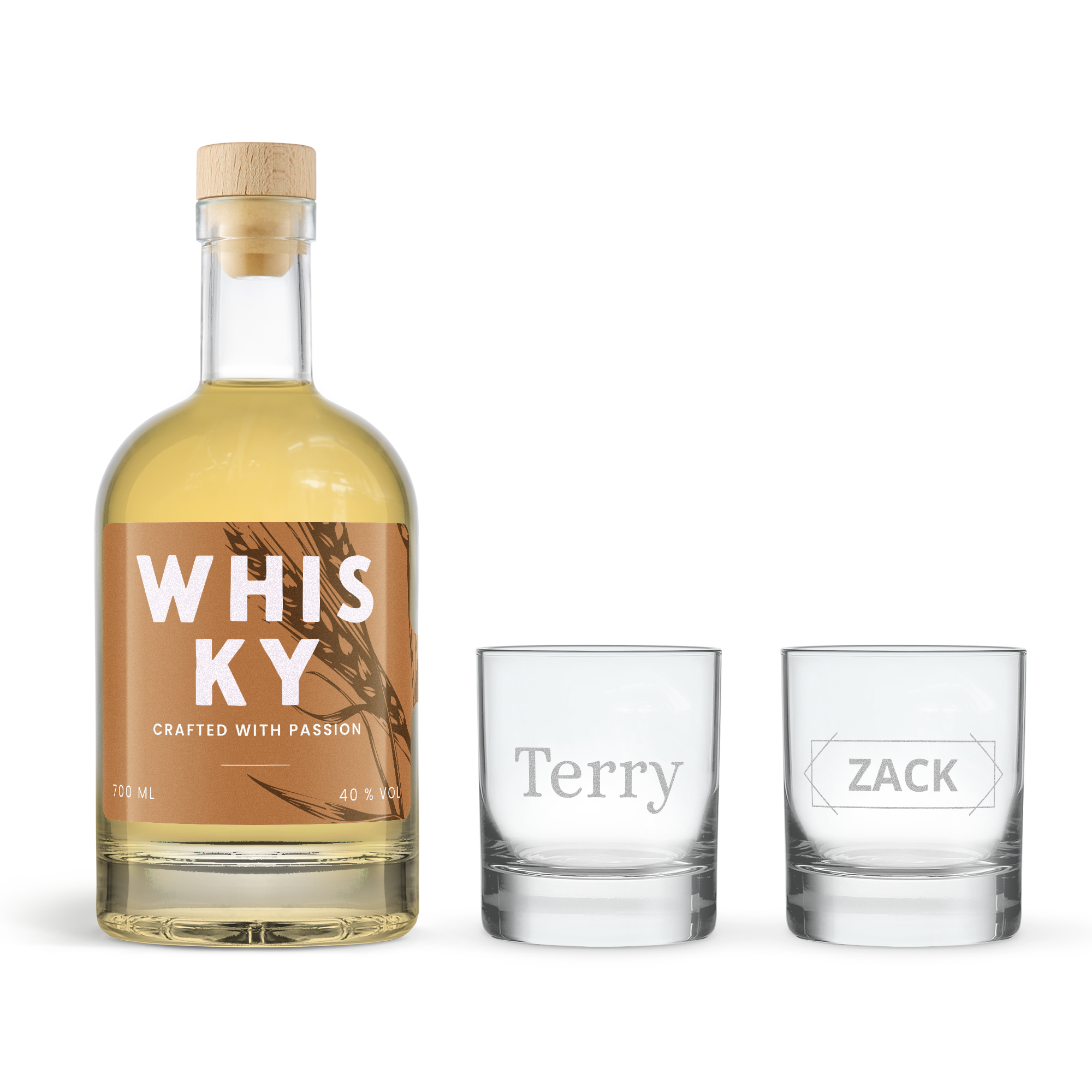 Set cadou luxos de whisky cu sticlă 700ml și două pahare personalizate cu numele "Terry" și "ZACK" gravate, ideal pentru orice iubitor de whisky.
