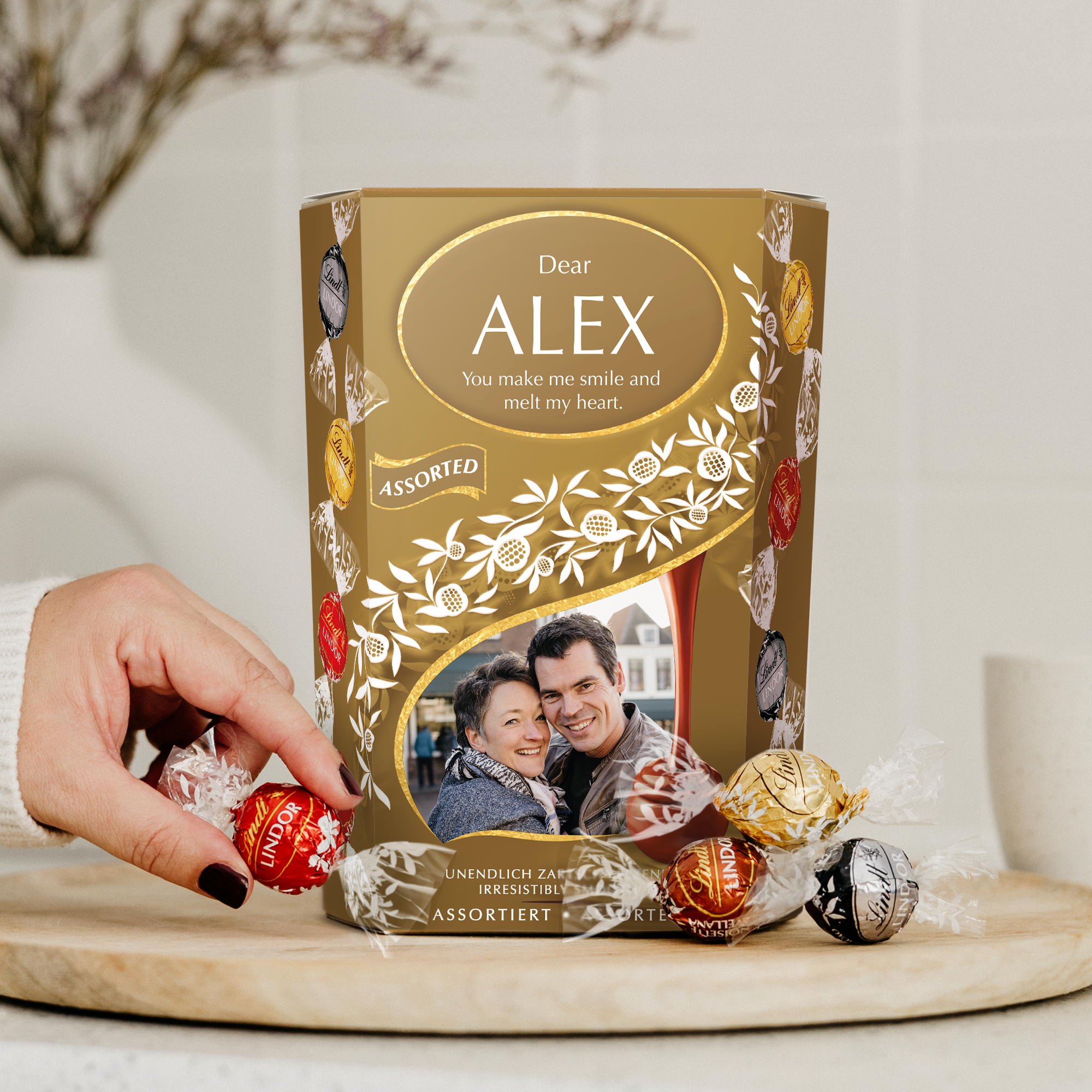 Personalized Lindt Chocolate Gift Box printed with a photo and the name Alex with a message for chocoholics