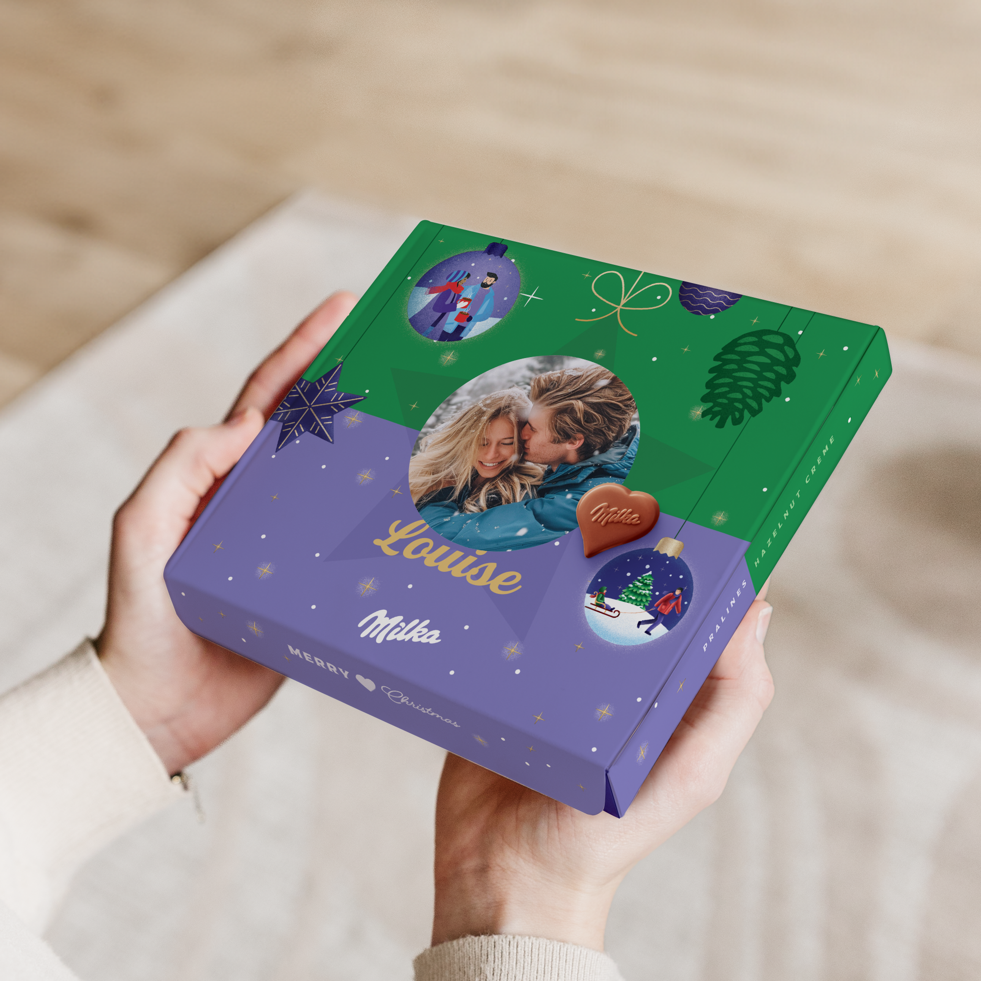 Personlig Sig det med Milka gaveæske til jul, printet med billede, navnet Louise og chokolade hjerte