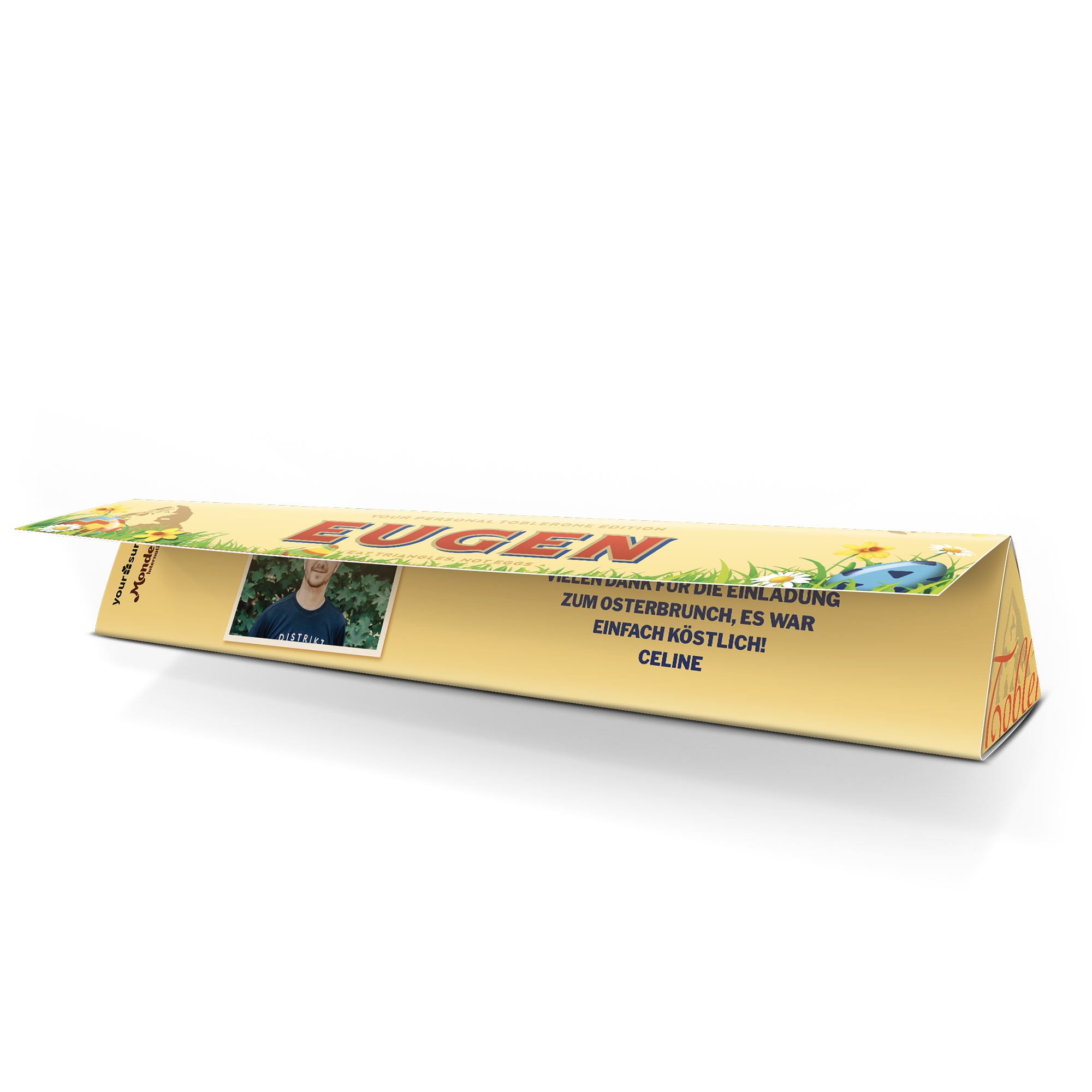 Personalisierte Toblerone mit Name Eugen und Foto einer Person, bedruckt mit Ostergrüßen und Botschaft von Celine