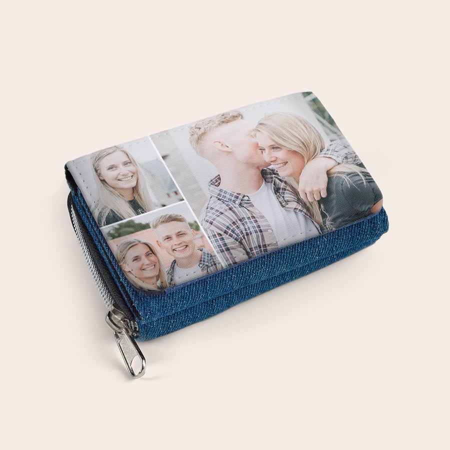 Portofel Geantă mică din denim cu fermoar, personalizată cu o imagine colaj a patru persoane fericite