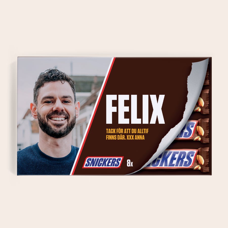 Snickers presentförpackning Personlig Snickers presentförpackning tryckt med foto, namnet Felix och texten "Tack för att du alltid finns där. XXX Anna"