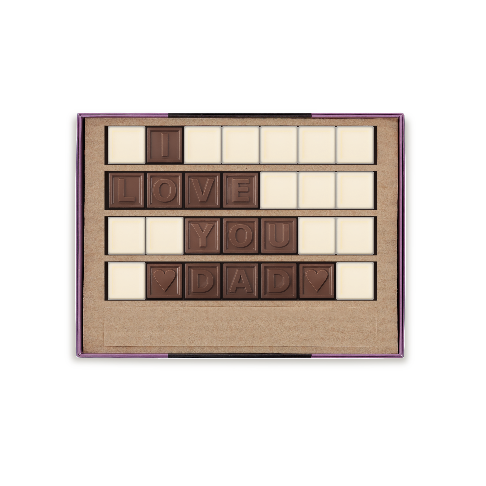 Telegrama de chocolate personalizado "I love you Dad" em caixa roxa, com letras gravadas