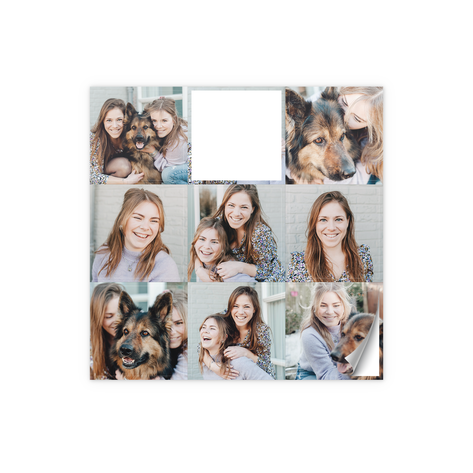 Adesivi personalizzati quadrati, stampati con un collage di foto di due ragazze e un pastore tedesco, per sorprendere con il tuo design