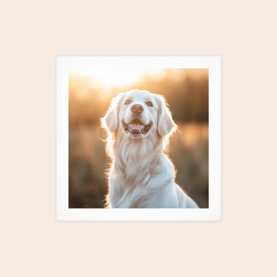 Amprente foto poster Poster personalizat cu fotografia unui golden retriever zâmbitor la apus, o modalitate unică de a înregistra momentele preferate.