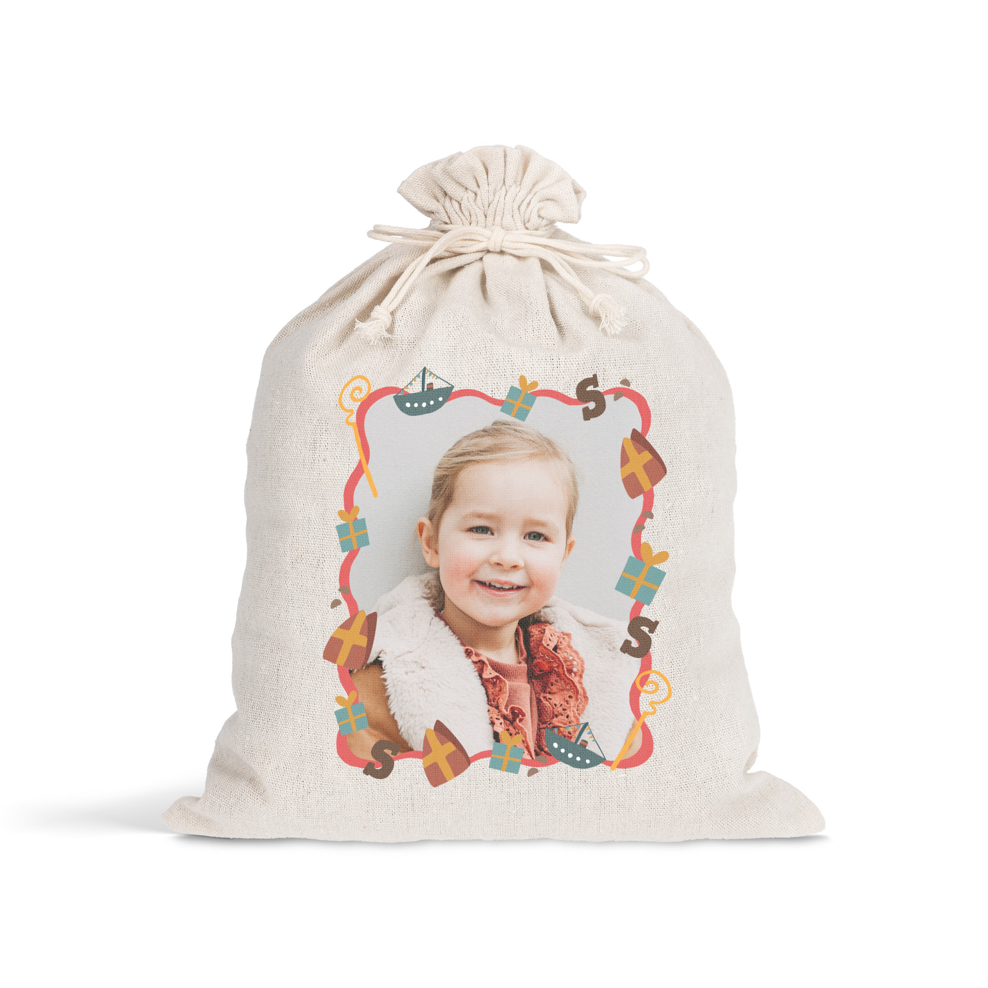Gepersonaliseerd Sinterklaas katoenen zakje, bedrukt met een foto van een lachend kind, omringd door Sinterklaas elementen.