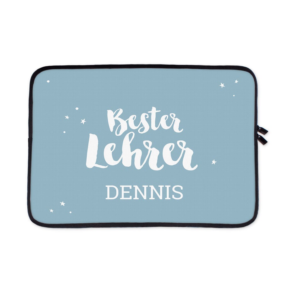 Bedruckte Laptoptasche mit Foto in Hellblau mit dem personalisierten Text "Bester Lehrer DENNIS"