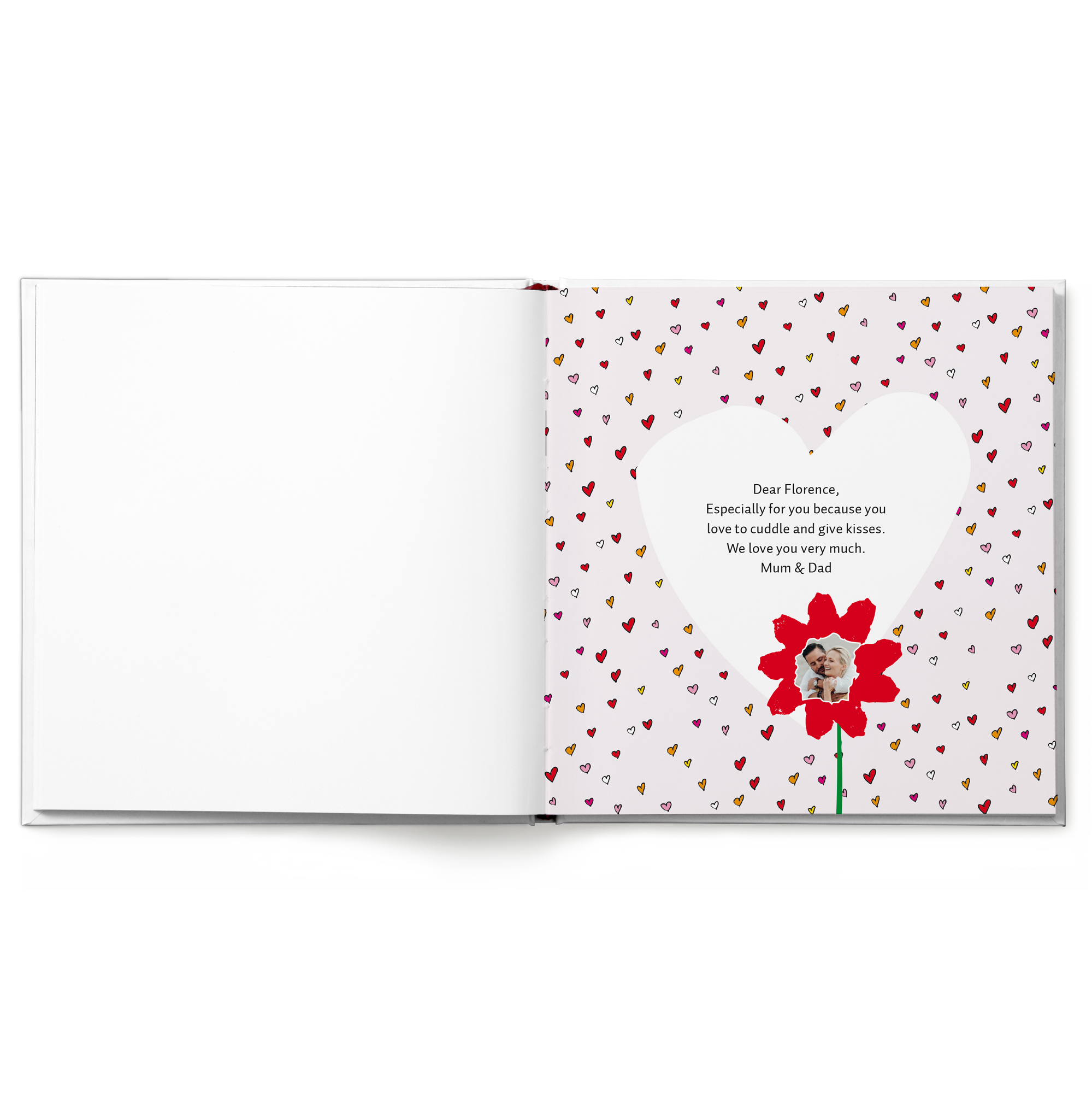 Open personalized goodnight bedtime storybook with an engraved message to Florence and a photo of Mum and Dad