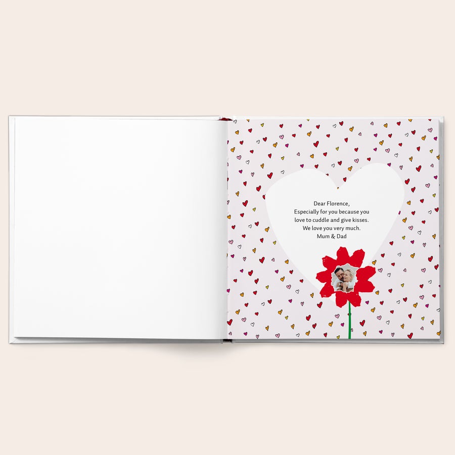 Personalised children's book - 100 kisses before bedtime An open personalised bedtime story book showing an inner page with a custom photo and message to Florence from Mum & Dad.